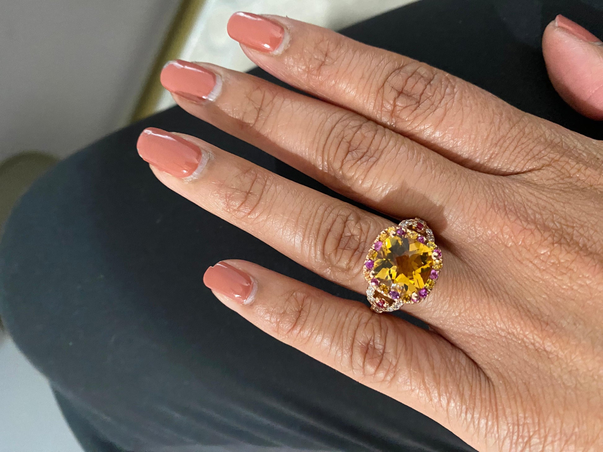 5.10 Carat Cushion Cut Citrine, Pink Sapphire Diamond 14 Karat Rose Gold Ring