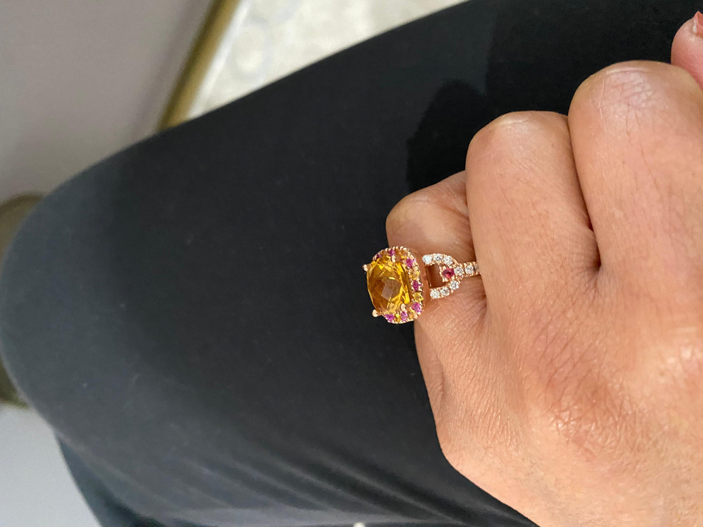 5.10 Carat Cushion Cut Citrine, Pink Sapphire Diamond 14 Karat Rose Gold Ring