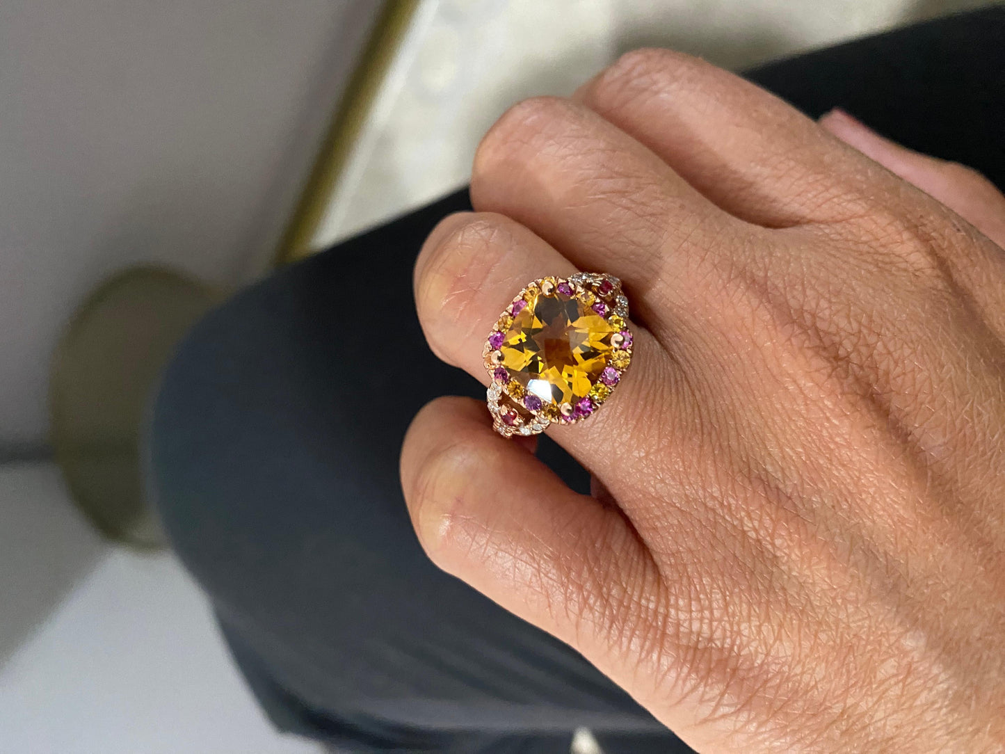 5.10 Carat Cushion Cut Citrine, Pink Sapphire Diamond 14 Karat Rose Gold Ring