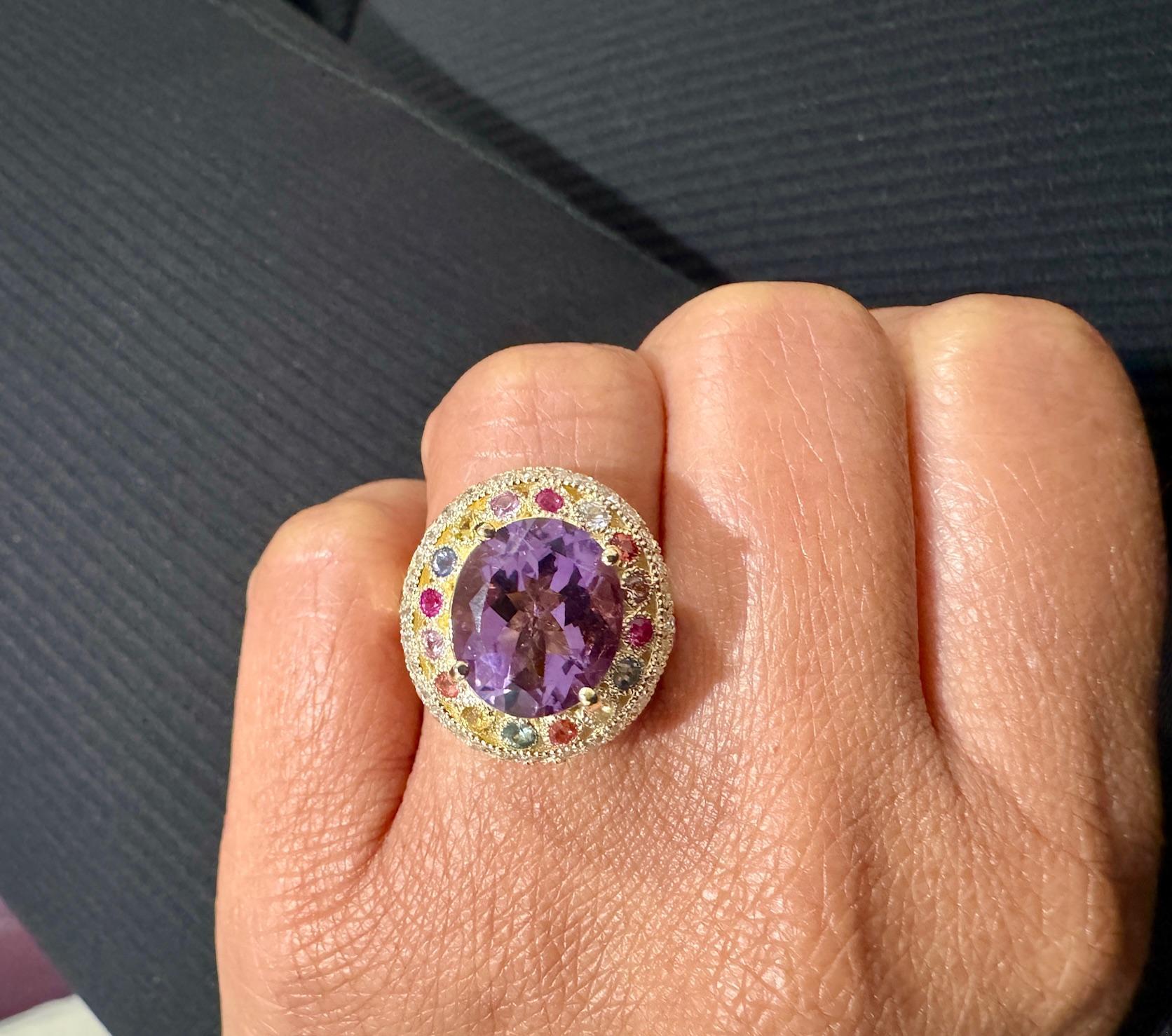 5.62 Carat Natural Amethyst Diamond Sapphire Yellow Gold Cocktail Ring