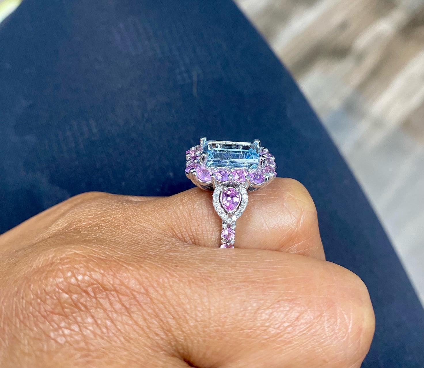 5.82 Carat Aquamarine Pink Sapphire Diamond White Gold Cocktail Ring
