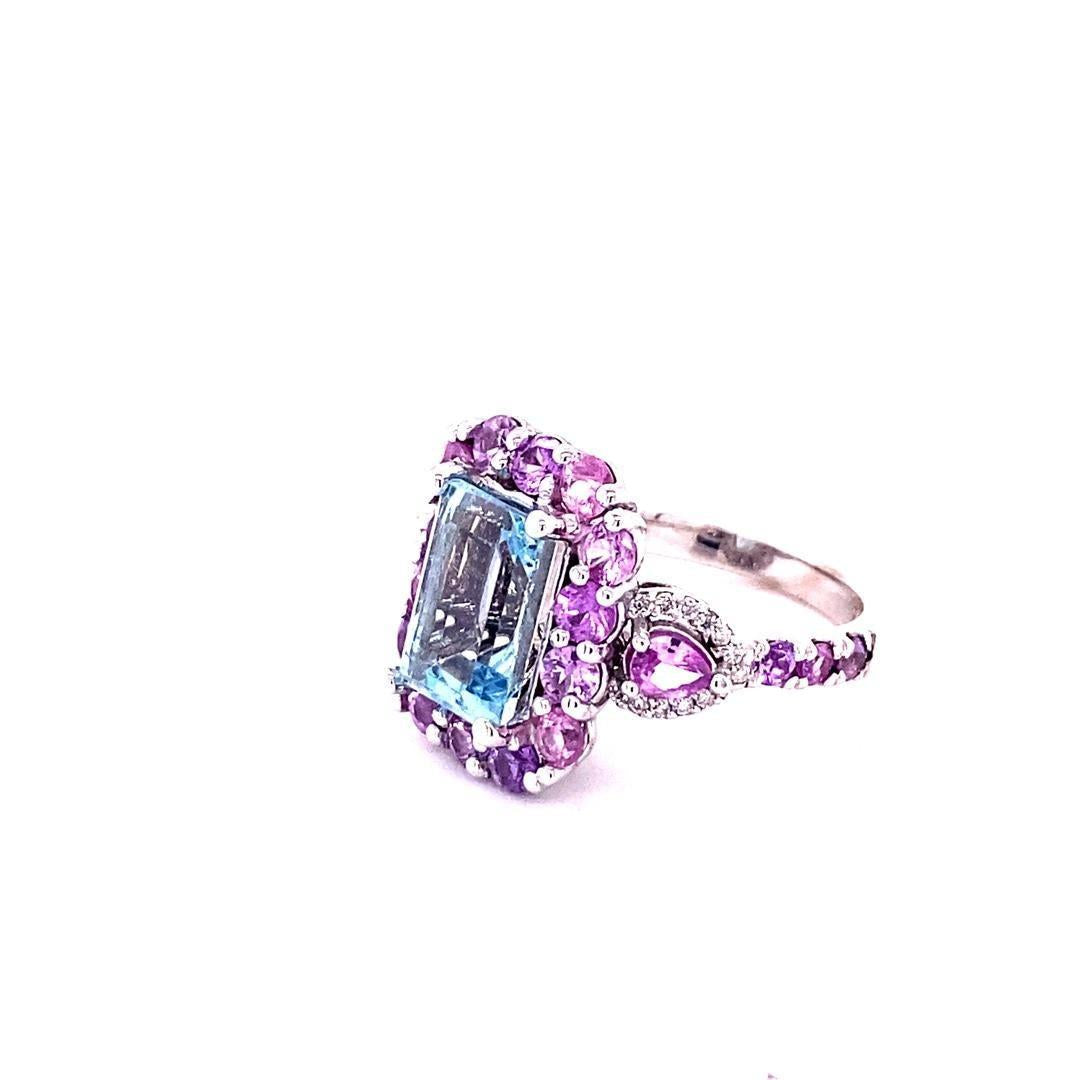 5.82 Carat Aquamarine Pink Sapphire Diamond White Gold Cocktail Ring