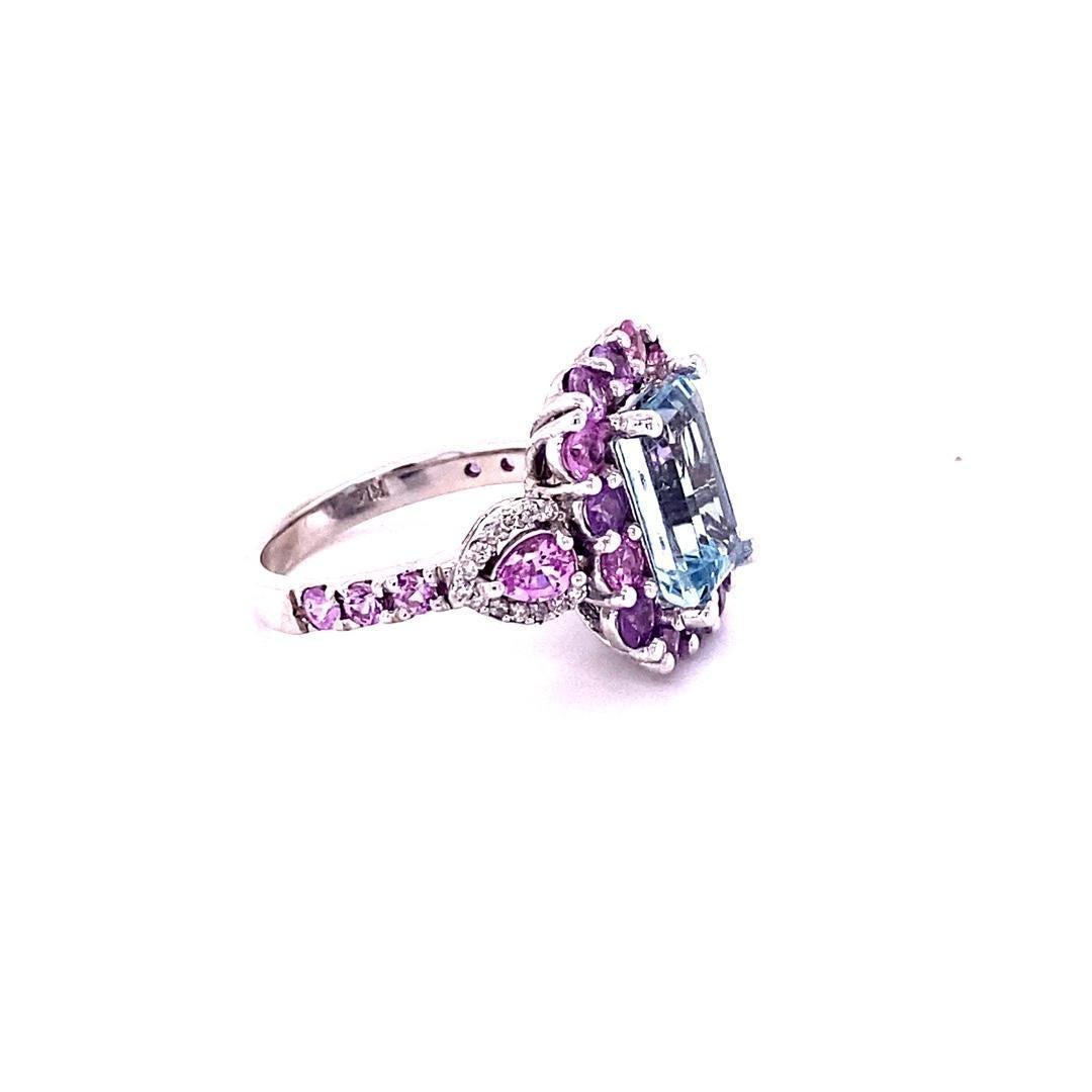 5.82 Carat Aquamarine Pink Sapphire Diamond White Gold Cocktail Ring