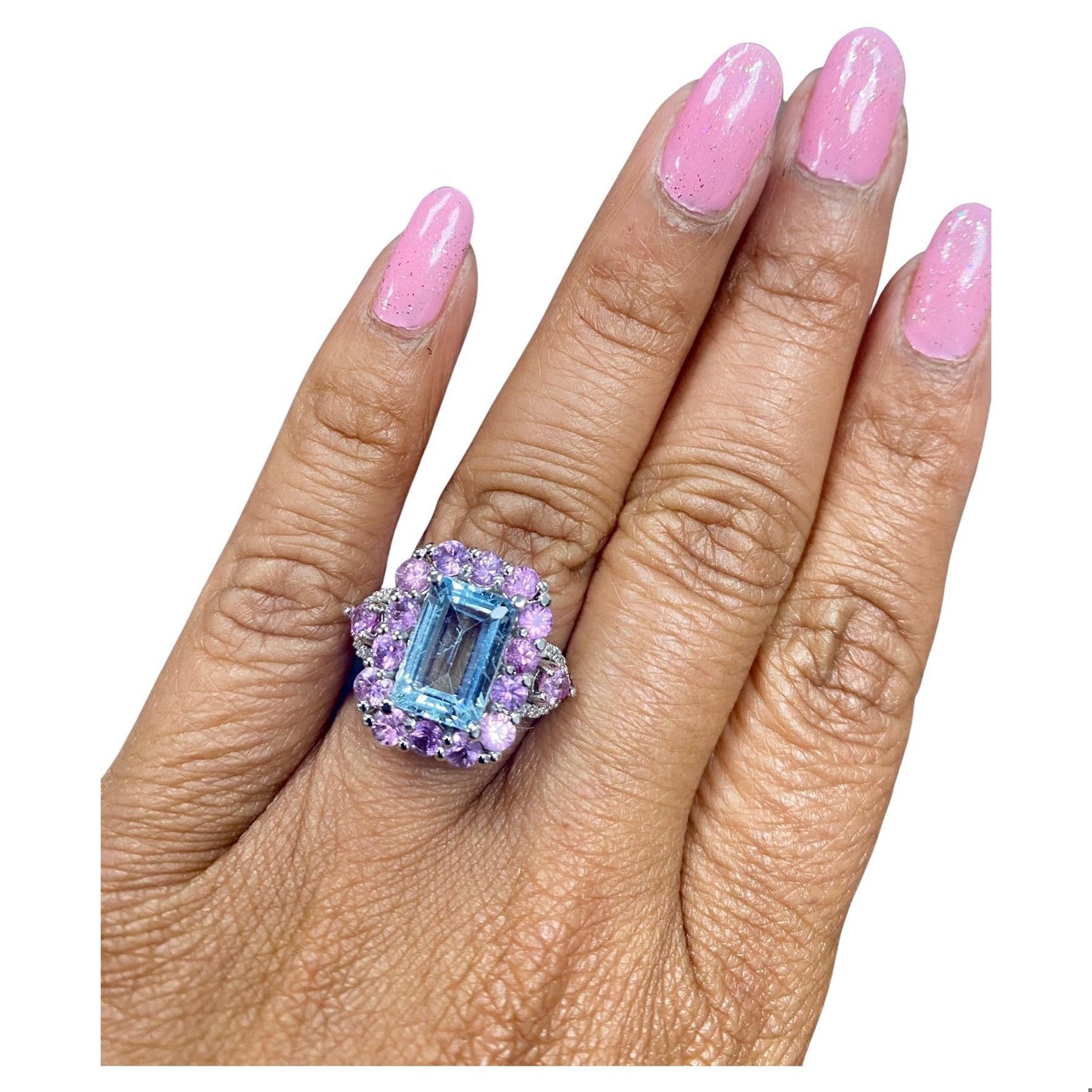 5.82 Carat Aquamarine Pink Sapphire Diamond White Gold Cocktail Ring