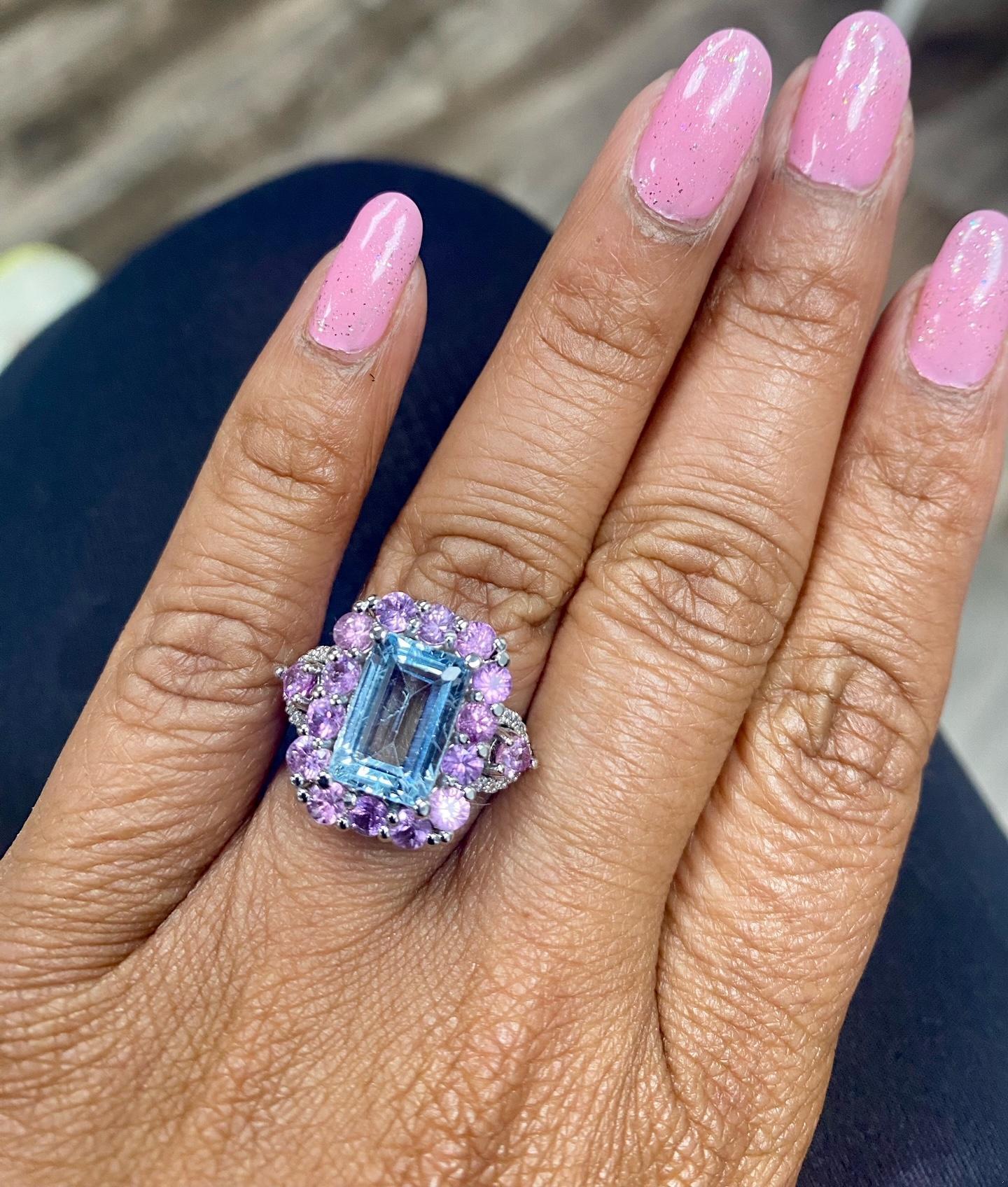 5.82 Carat Aquamarine Pink Sapphire Diamond White Gold Cocktail Ring
