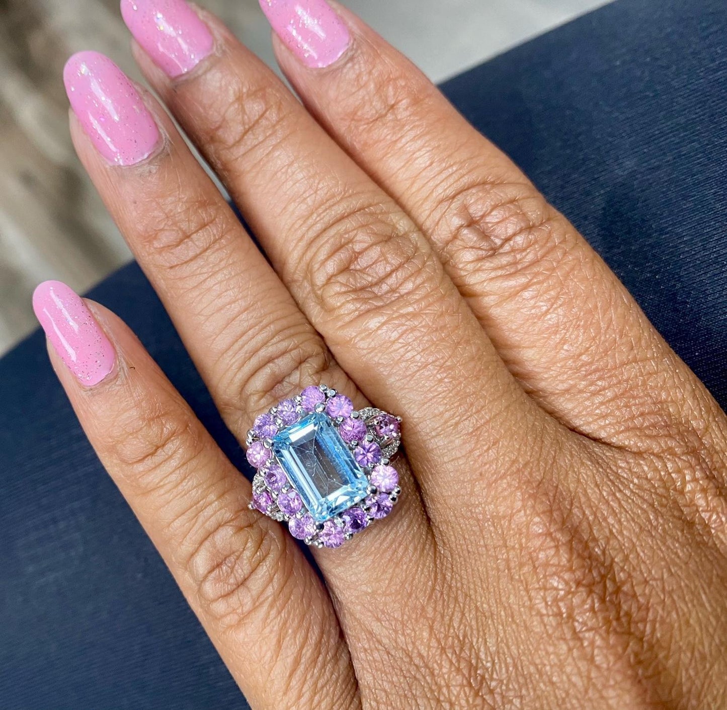5.82 Carat Aquamarine Pink Sapphire Diamond White Gold Cocktail Ring