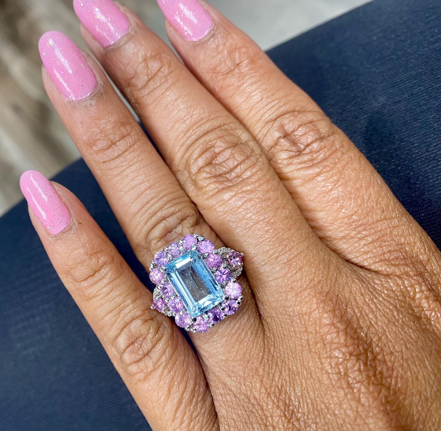 5.82 Carat Aquamarine Pink Sapphire Diamond White Gold Cocktail Ring