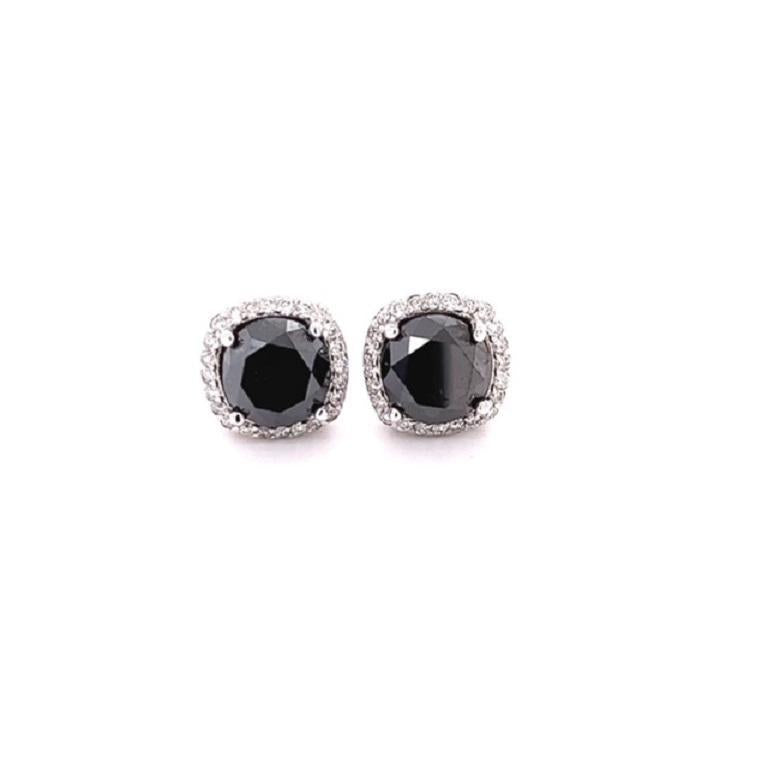 5.92 Carat Black Diamond White Diamond 14 Karat White Gold Stud Earrings