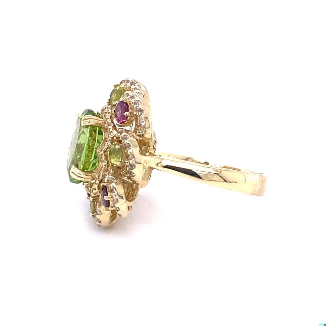 6.20 Carat Peridot Garnet White Sapphire Yellow Gold Cocktail Ring