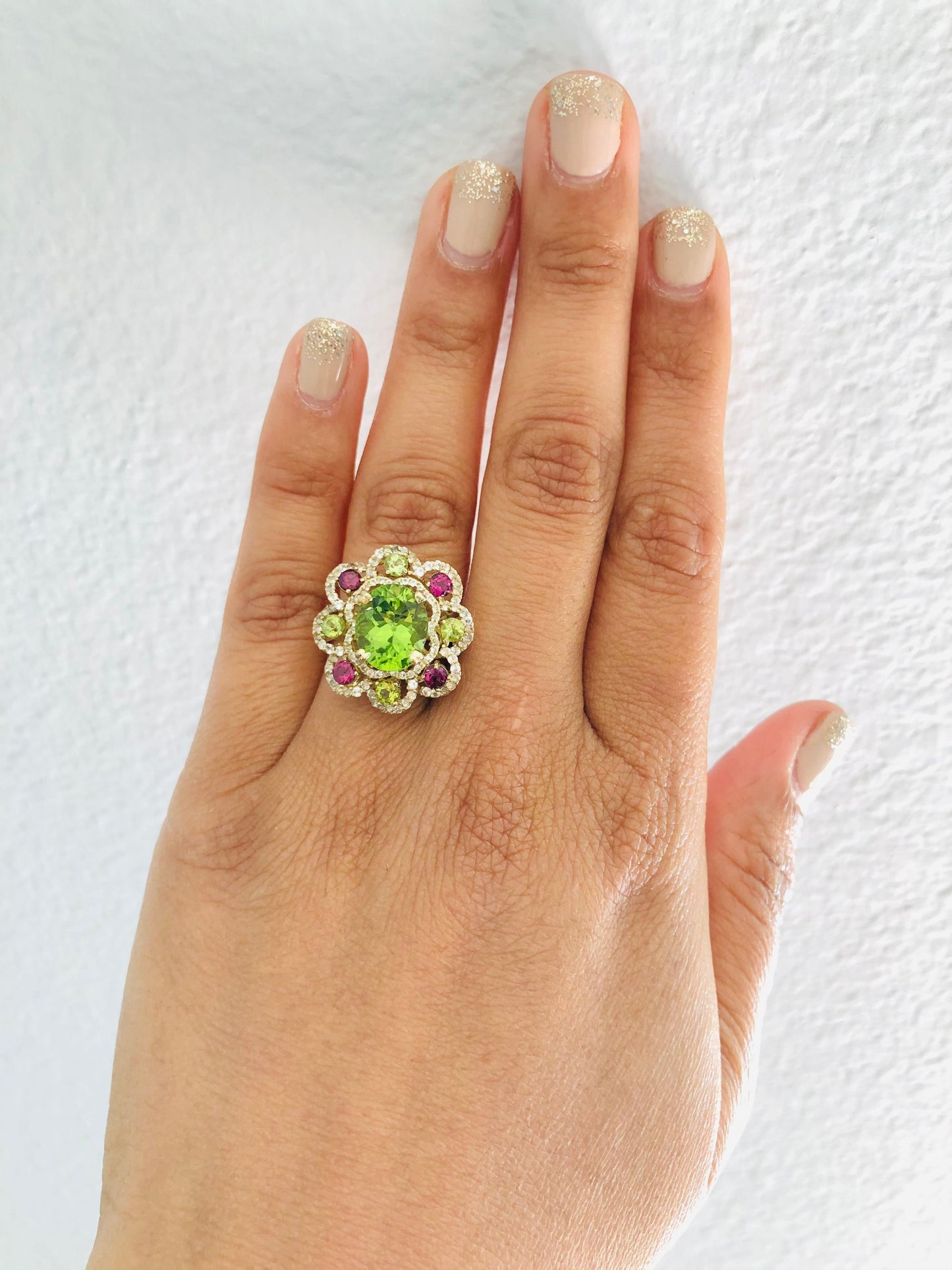 6.20 Carat Peridot Garnet White Sapphire Yellow Gold Cocktail Ring