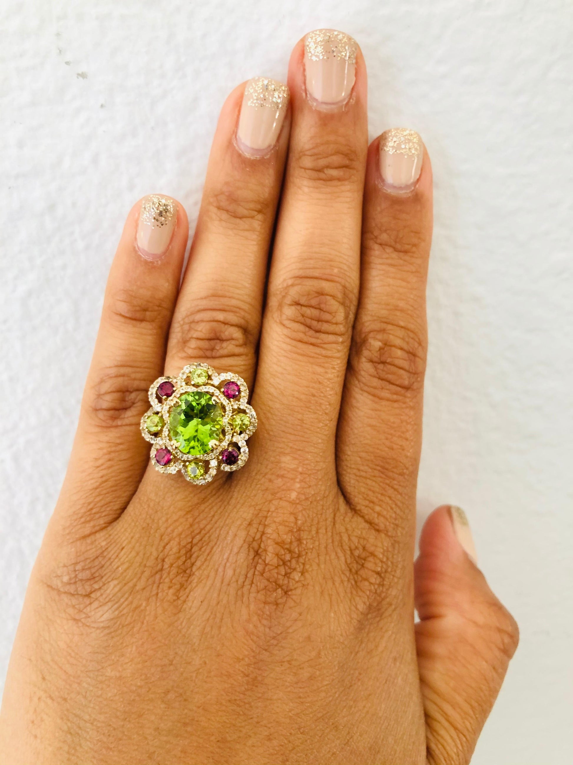 6.20 Carat Peridot Garnet White Sapphire Yellow Gold Cocktail Ring