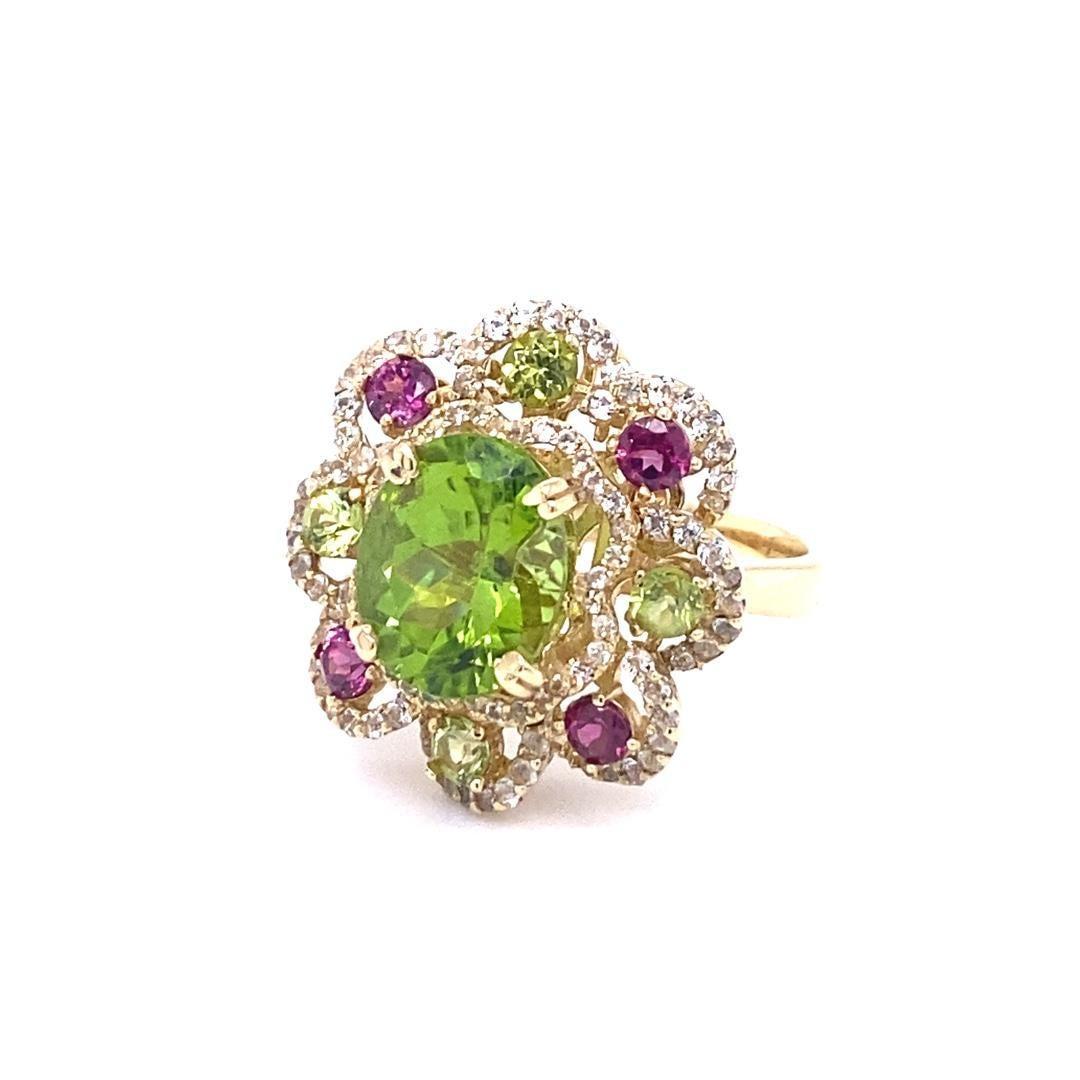 6.20 Carat Peridot Garnet White Sapphire Yellow Gold Cocktail Ring