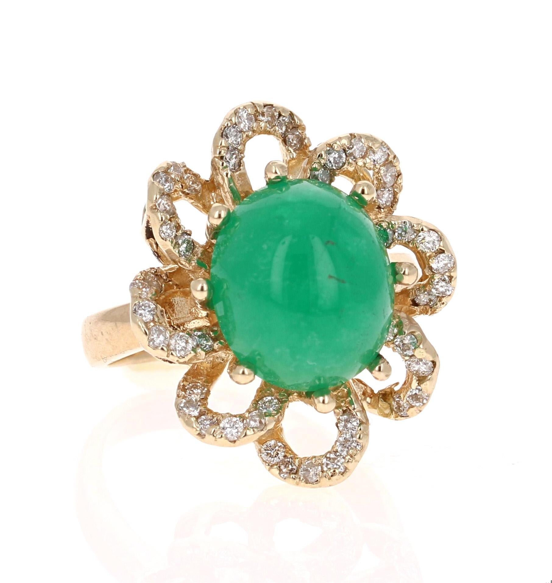 6.24 Carat Cabochon Emerald Diamond Yellow Gold Cocktail Ring