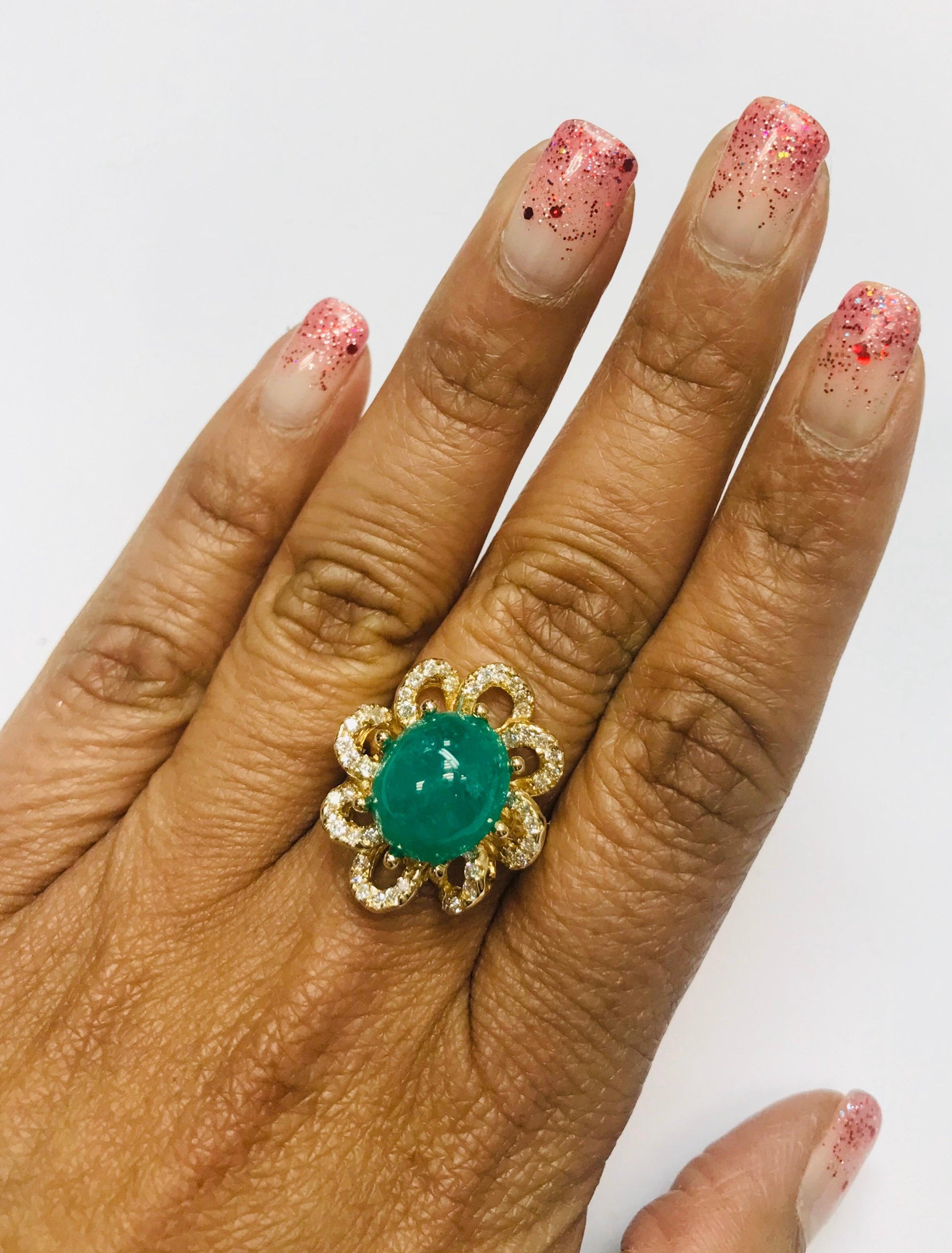 6.24 Carat Cabochon Emerald Diamond Yellow Gold Cocktail Ring