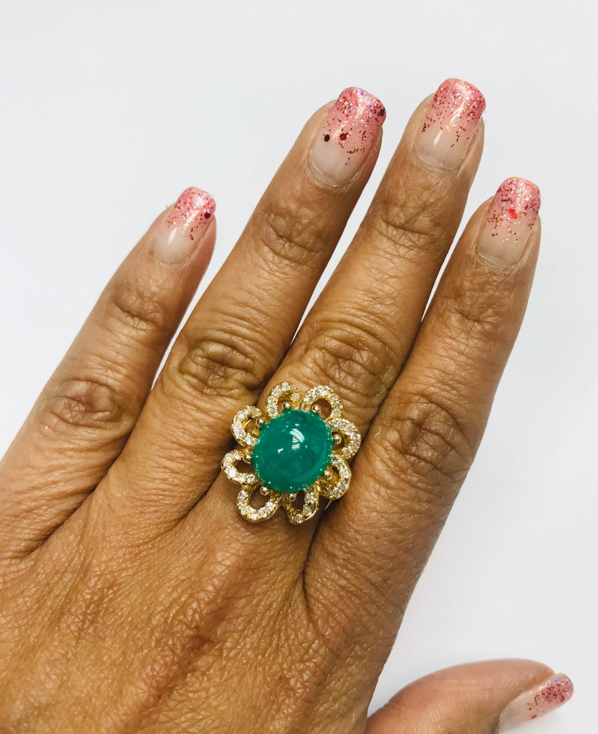 6.24 Carat Cabochon Emerald Diamond Yellow Gold Cocktail Ring