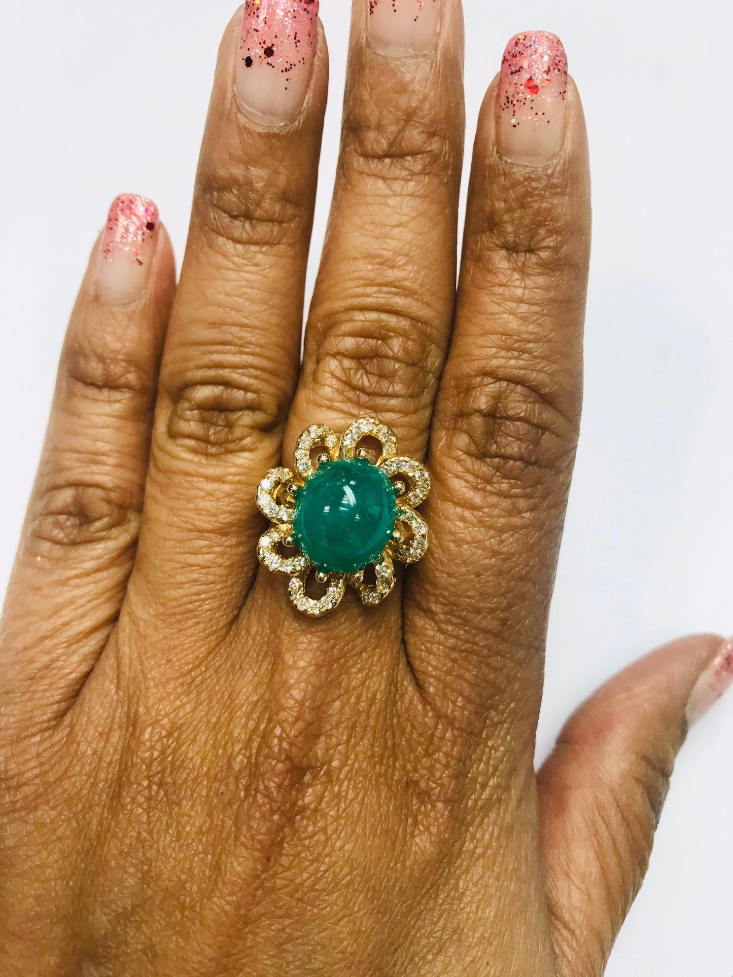6.24 Carat Cabochon Emerald Diamond Yellow Gold Cocktail Ring