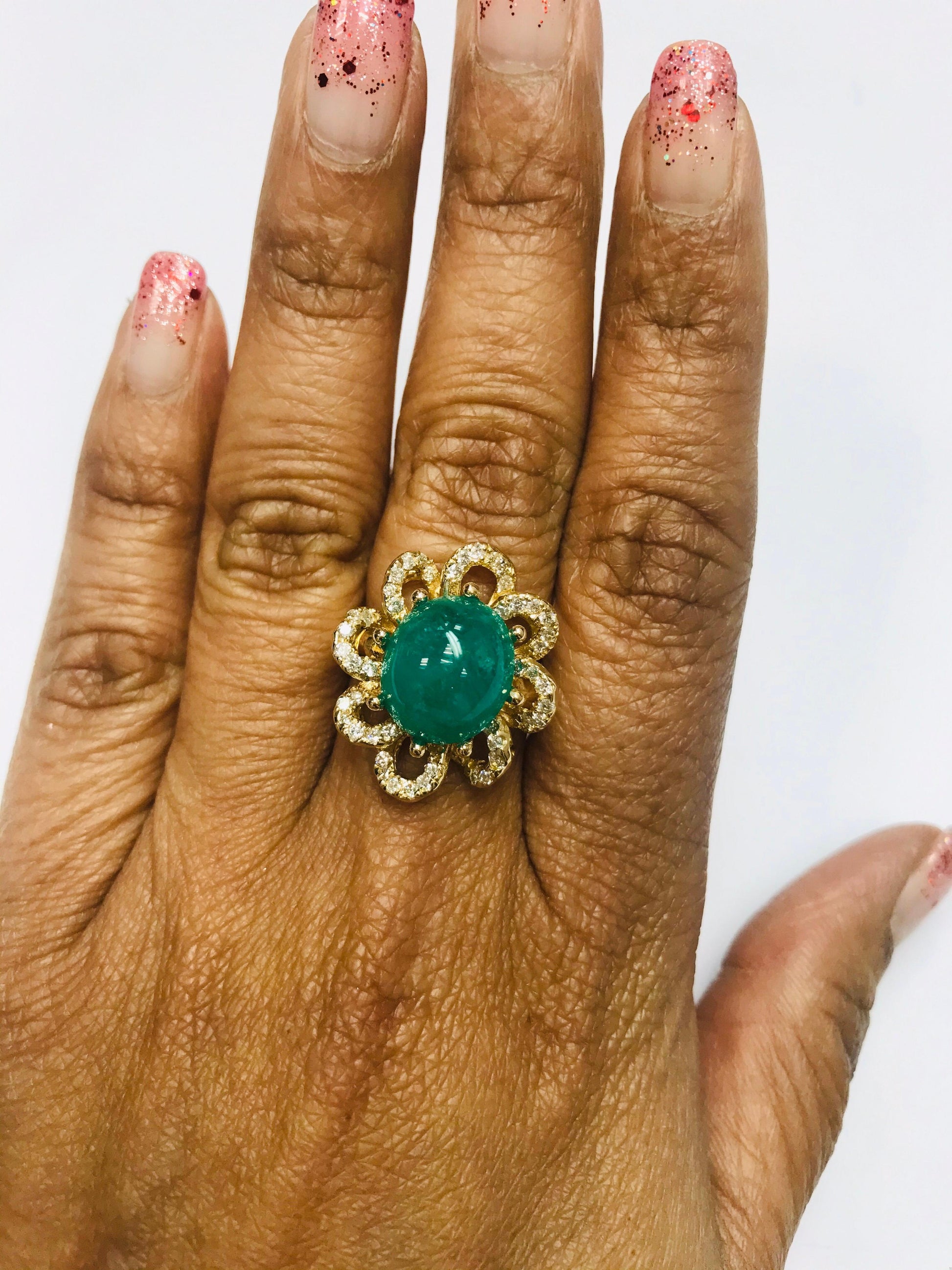 6.24 Carat Cabochon Emerald Diamond Yellow Gold Cocktail Ring