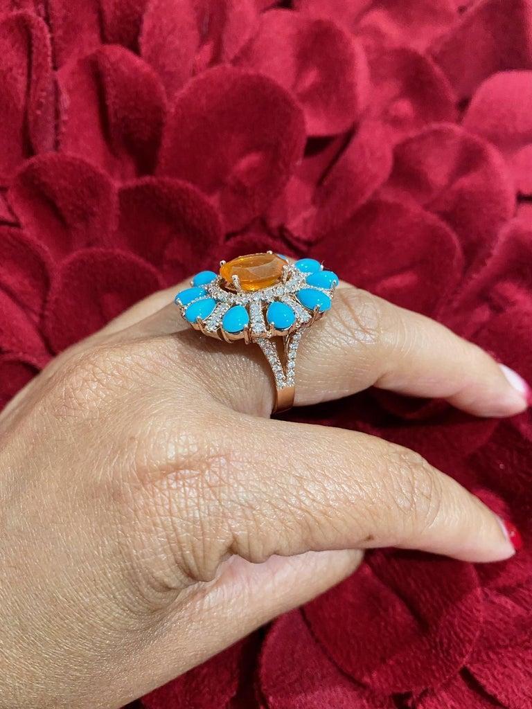 6.72 Carat Fire Opal, Turquoise, Diamond 14 Karat Rose Gold Cocktail Ring