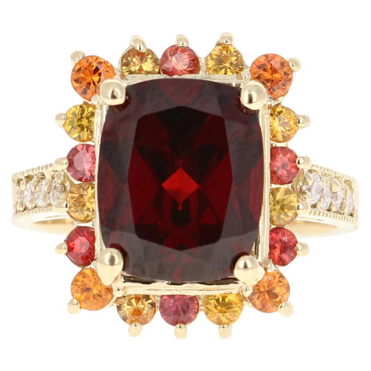 6.97 Carat Garnet Sapphire Diamond Yellow Gold Cocktail Ring