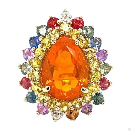7.11 Carat Pear Cut Natural Fire Opal Sapphire Yellow Gold Cocktail Ring