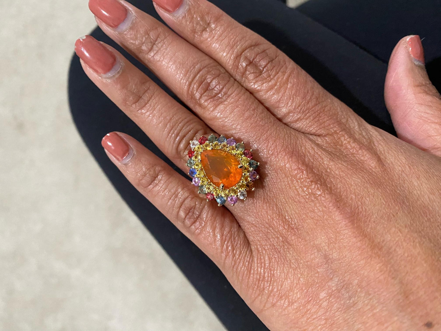 7.11 Carat Pear Cut Natural Fire Opal Sapphire Yellow Gold Cocktail Ring