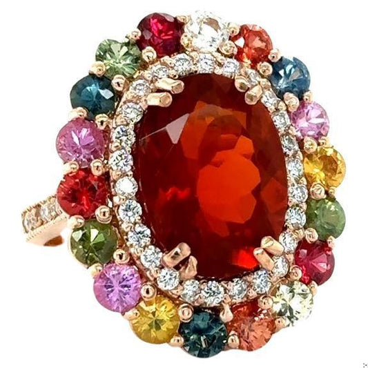 7.67 Carat Natural Fire Opal Sapphire and Diamond Rose Gold Cocktail Ring