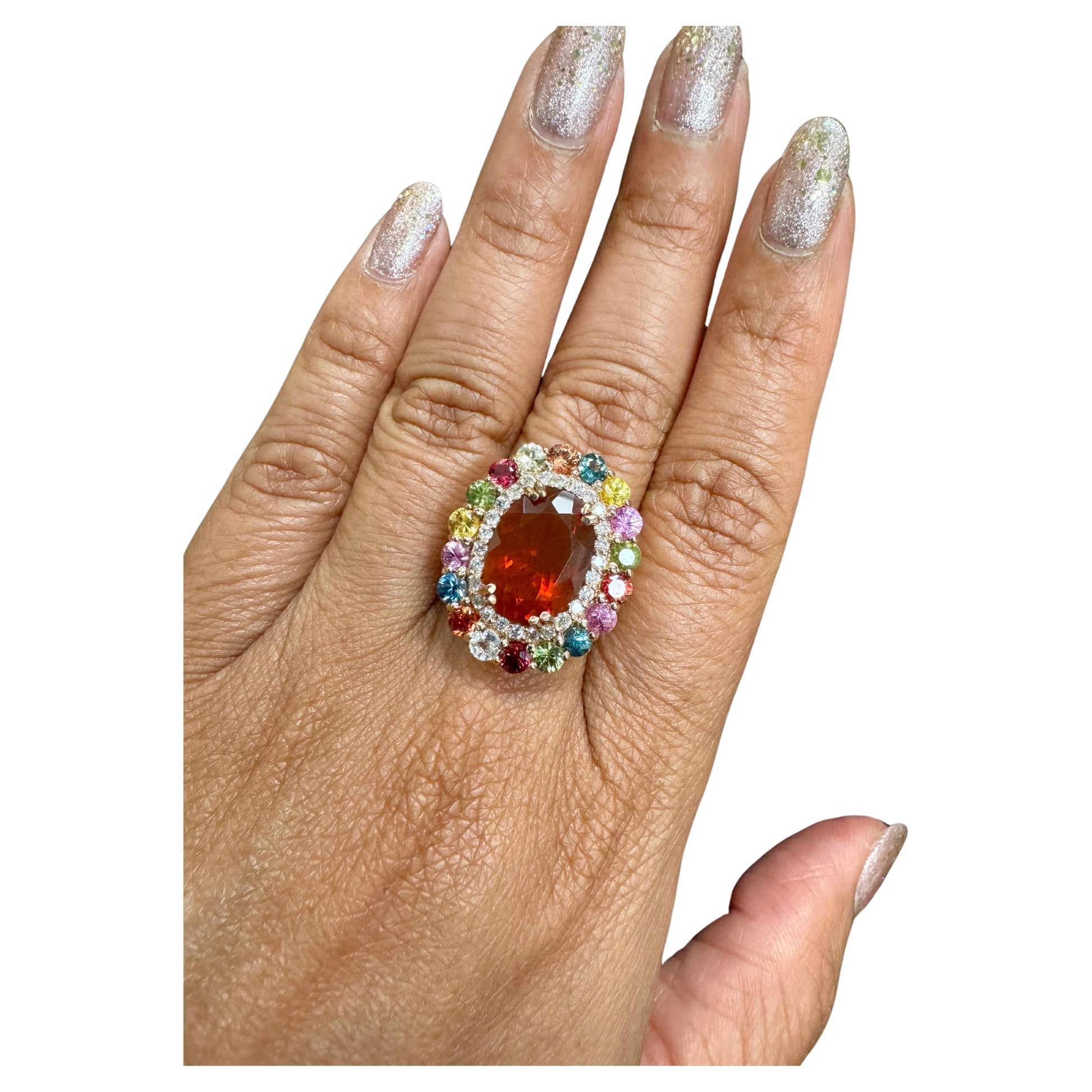 7.67 Carat Natural Fire Opal Sapphire and Diamond Rose Gold Cocktail Ring