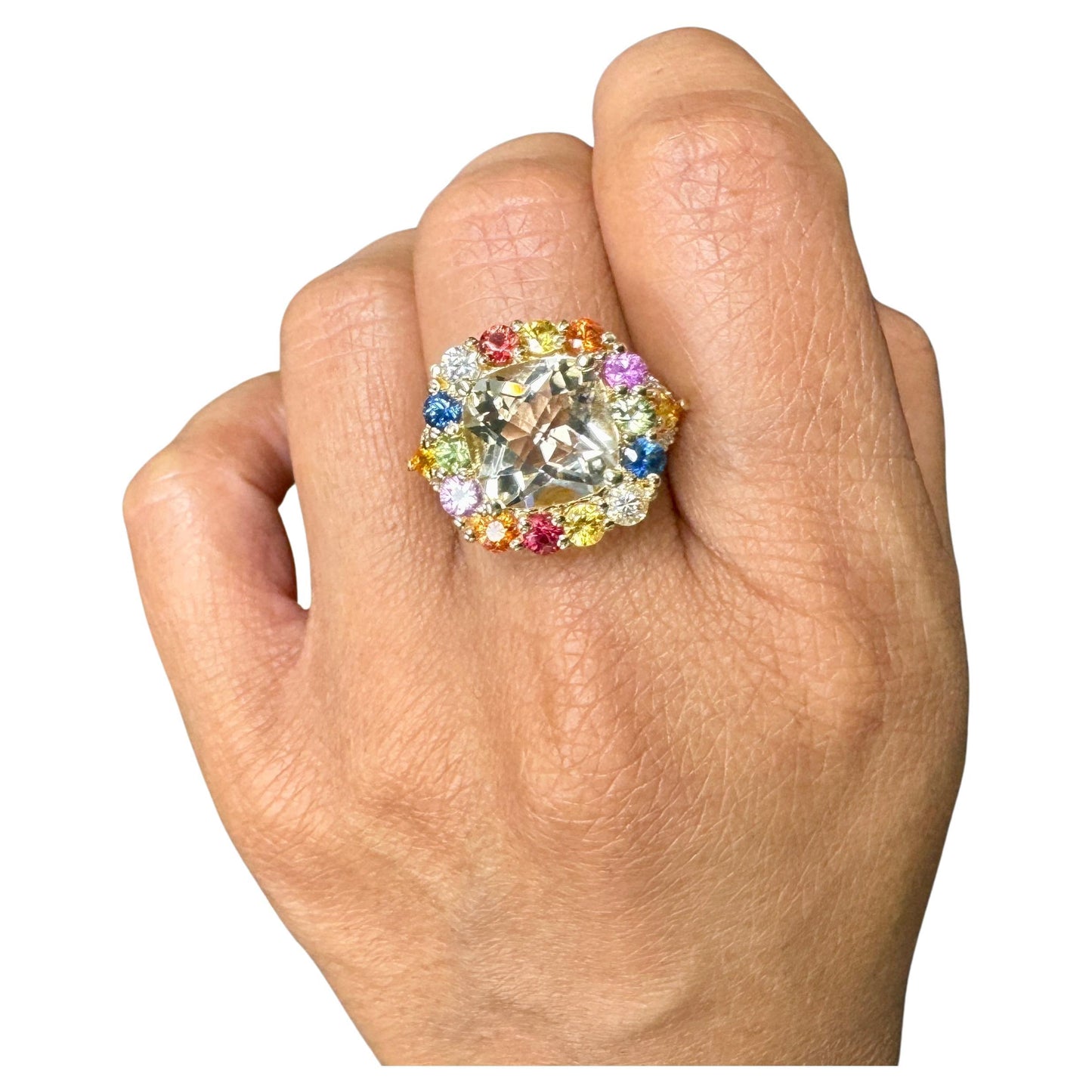 7.90 Carat Citrine Multicolor Sapphire Diamond Yellow Gold Cocktail Ring