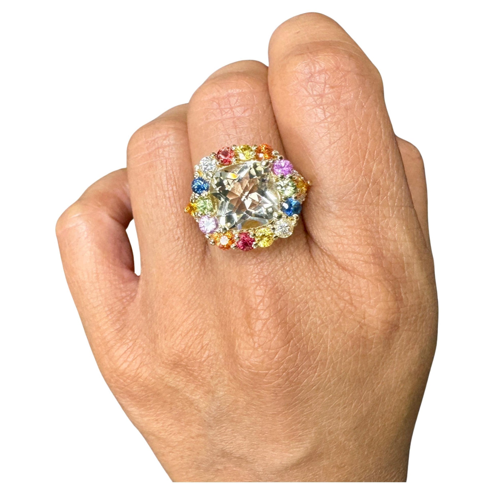 7.90 Carat Citrine Multicolor Sapphire Diamond Yellow Gold Cocktail Ring