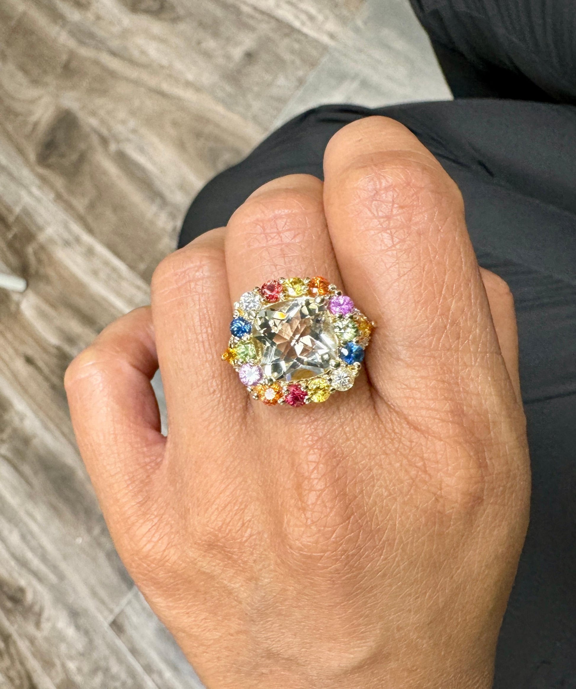 7.90 Carat Citrine Multicolor Sapphire Diamond Yellow Gold Cocktail Ring