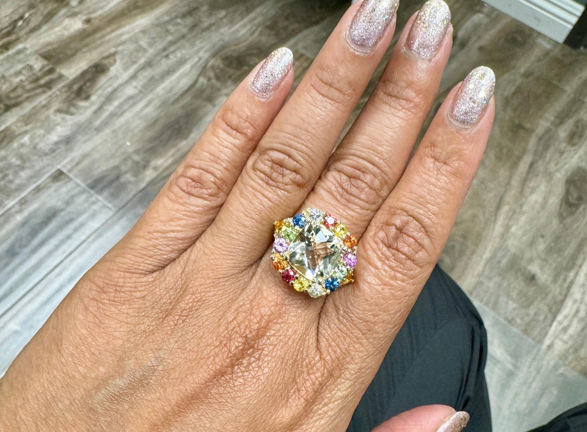 7.90 Carat Citrine Multicolor Sapphire Diamond Yellow Gold Cocktail Ring