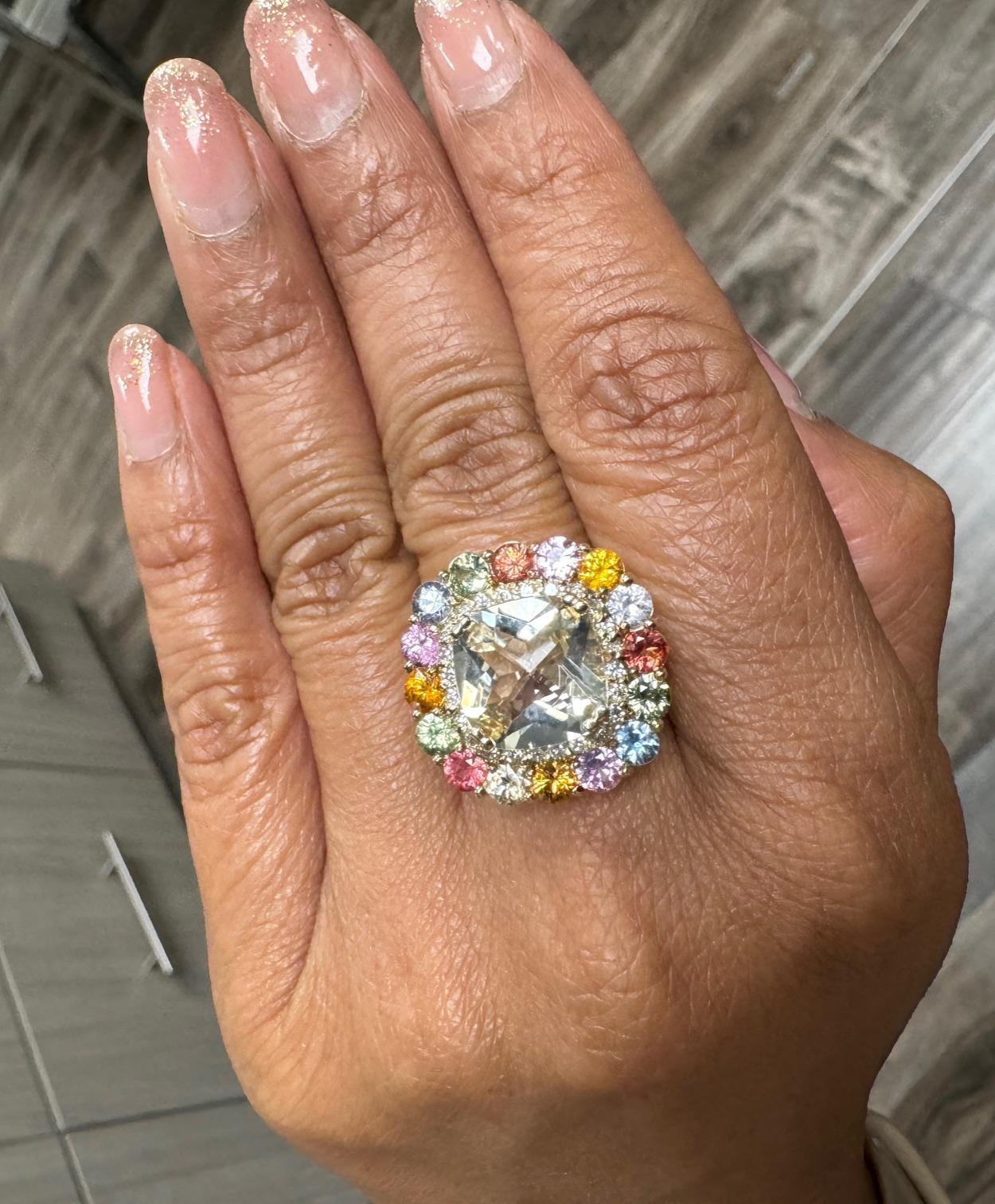 7.90 Carat Citrine Multicolor Sapphire Diamond Yellow Gold Cocktail Ring