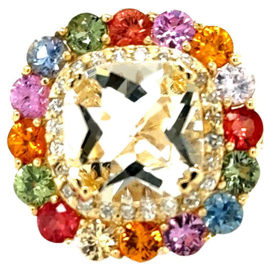 8.12 Carat Citrine Multi-Color Sapphire Diamond Yellow Gold Cocktail Ring