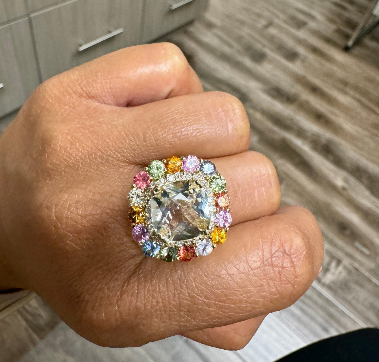 8.12 Carat Citrine Multi-Color Sapphire Diamond Yellow Gold Cocktail Ring