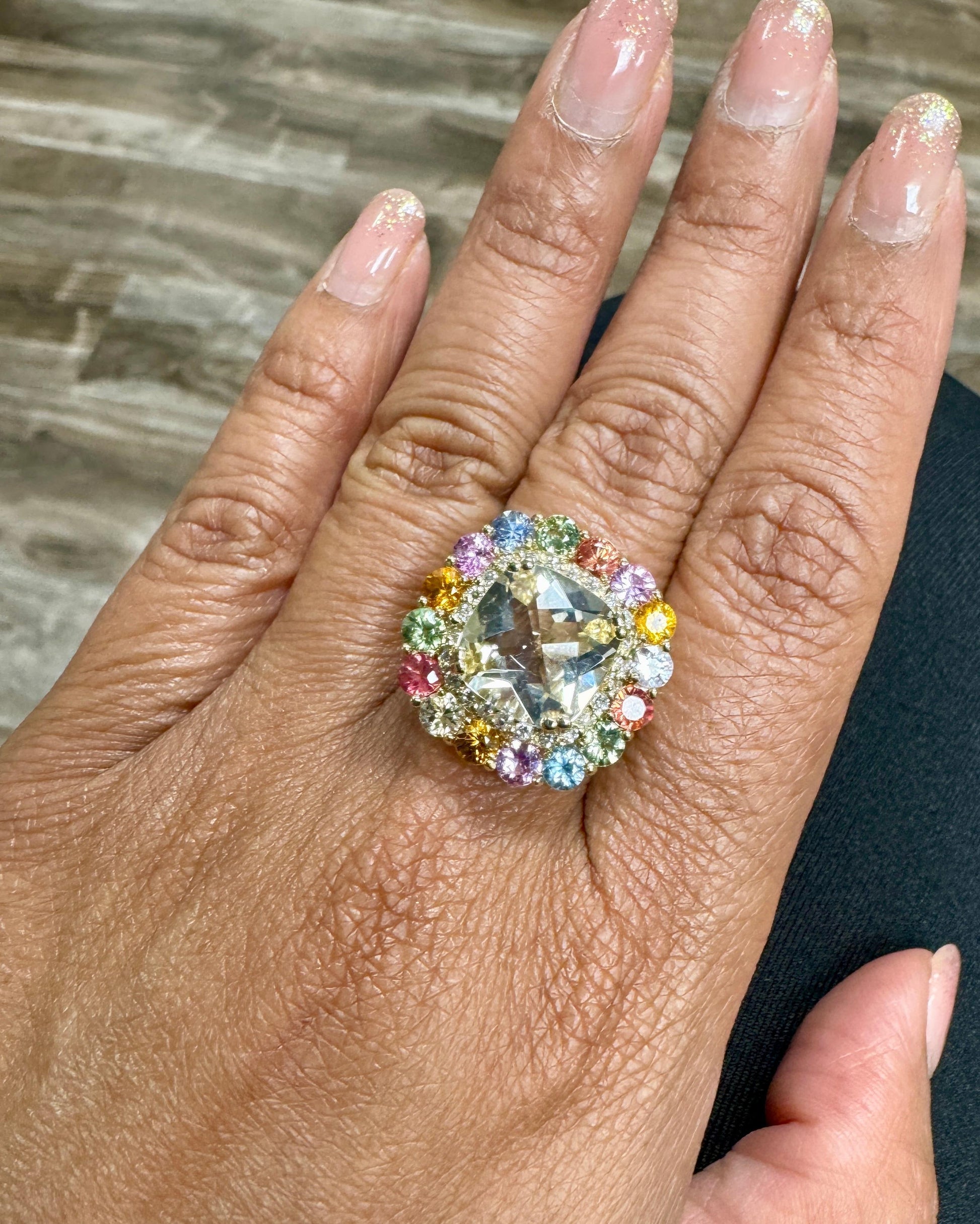 8.12 Carat Citrine Multi-Color Sapphire Diamond Yellow Gold Cocktail Ring