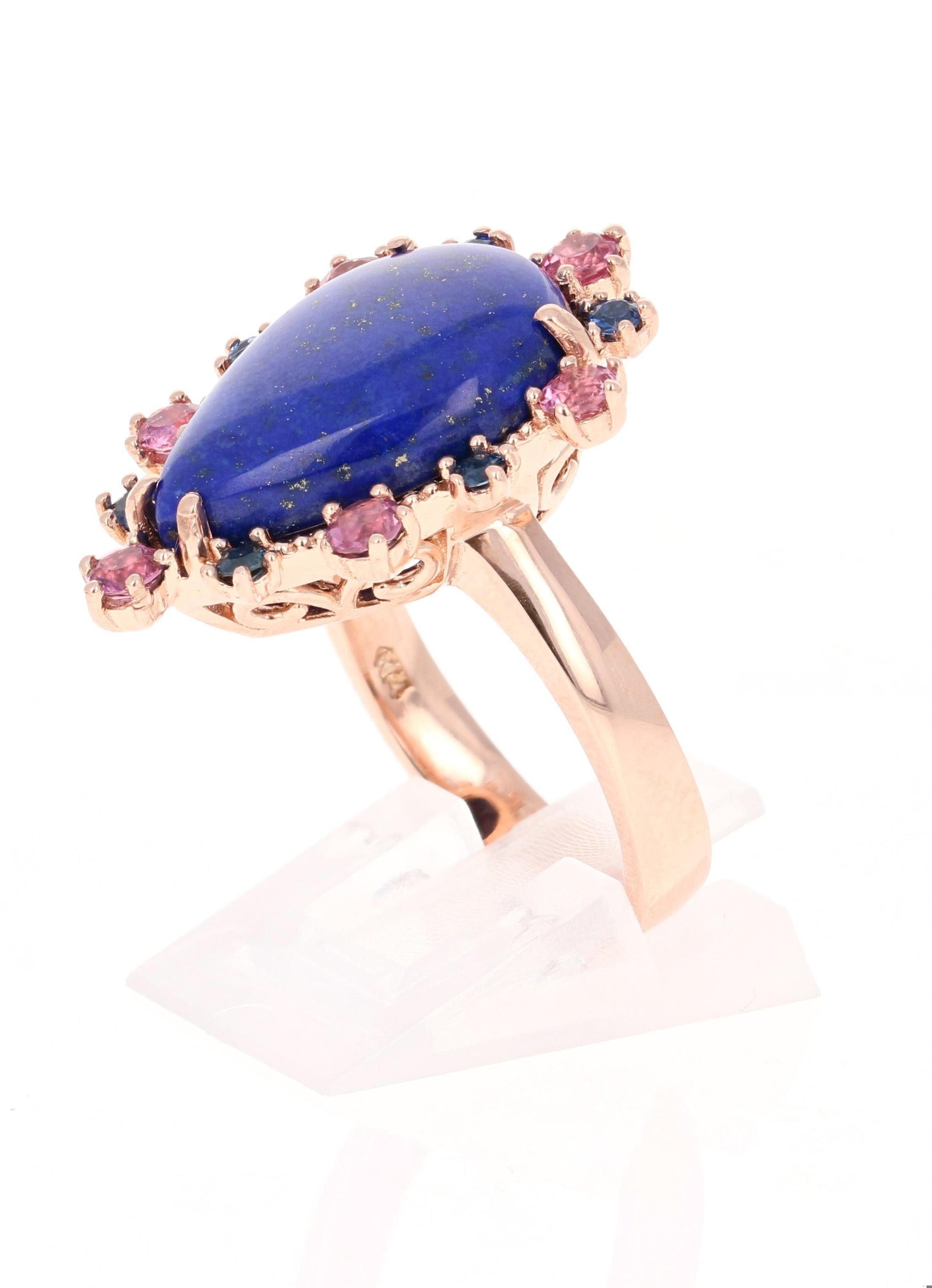 9.04 Carat Lapis Lazuli Tourmaline and Sapphire Cocktail Rose Gold Ring