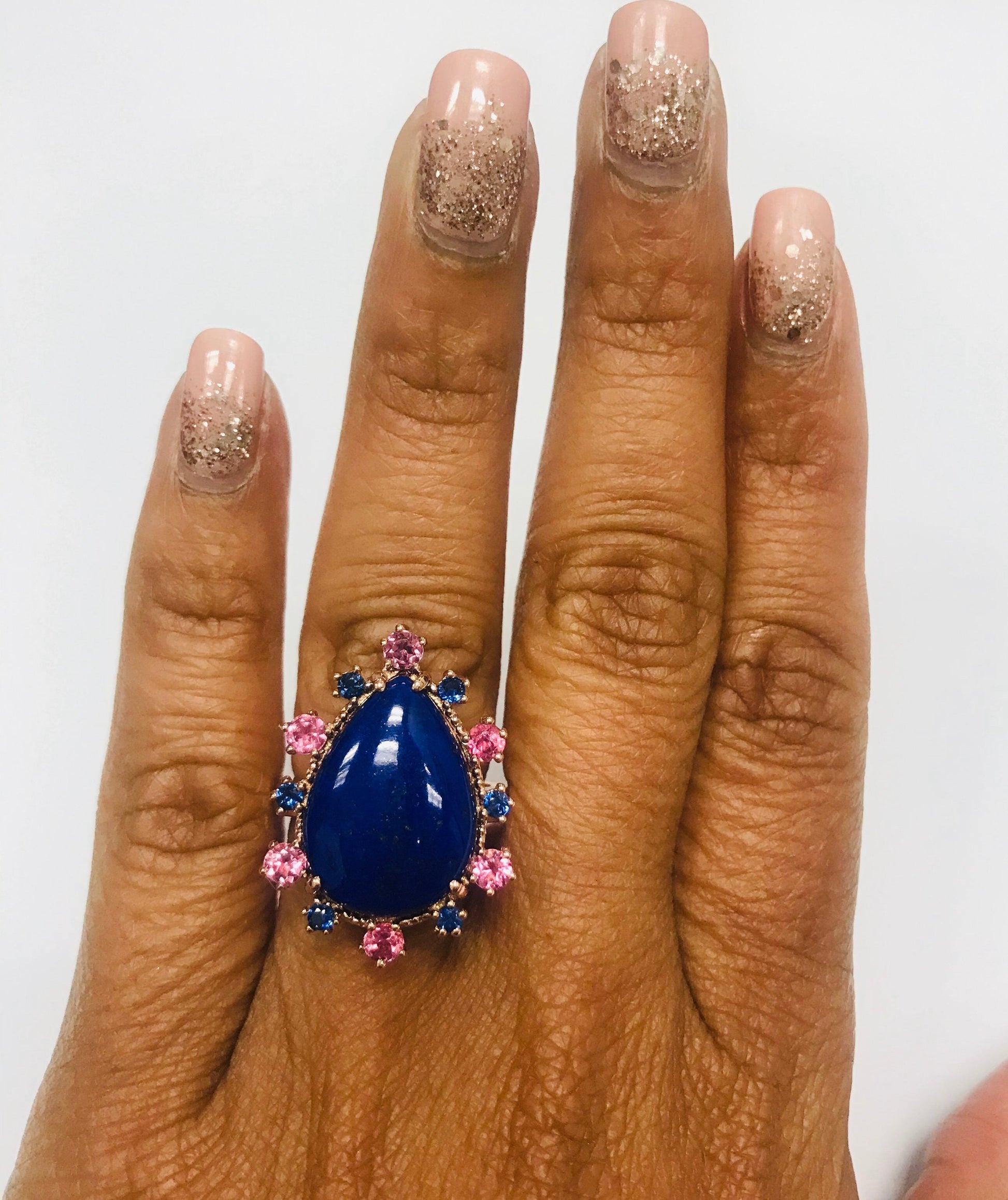 9.04 Carat Lapis Lazuli Tourmaline and Sapphire Cocktail Rose Gold Ring