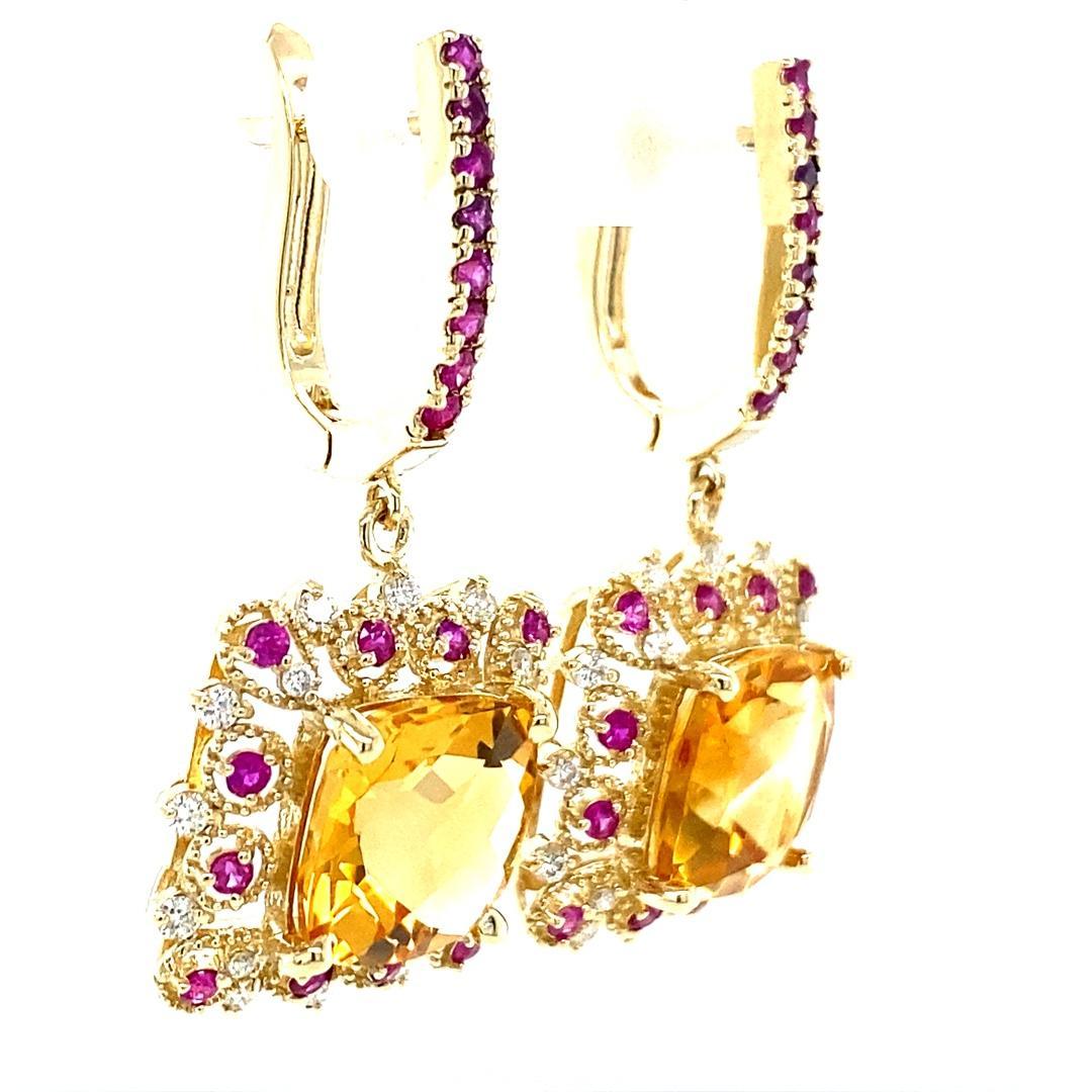 9.19 Carat Citrine Pink Sapphire Diamond Yellow Gold Drop Earrings