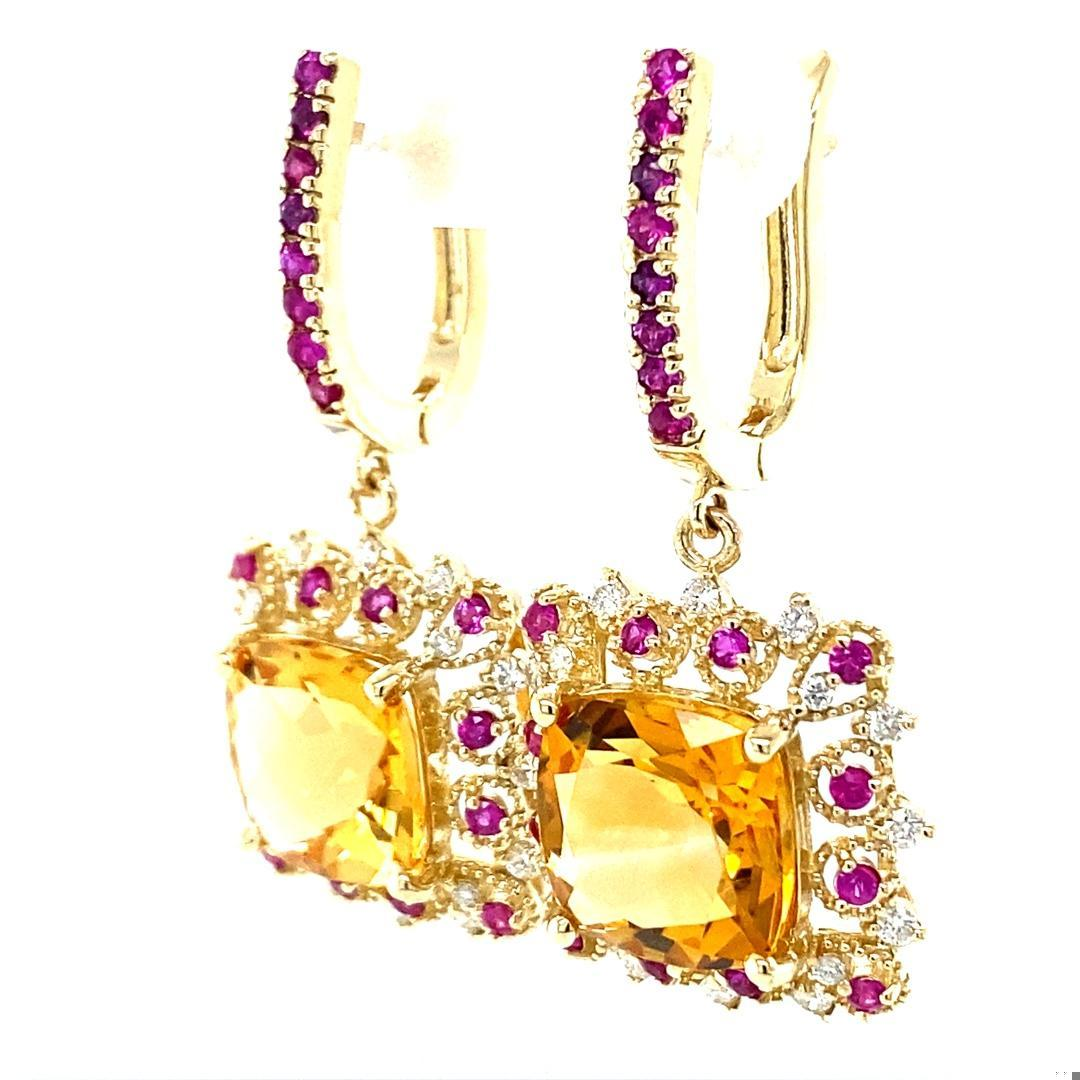 9.19 Carat Citrine Pink Sapphire Diamond Yellow Gold Drop Earrings