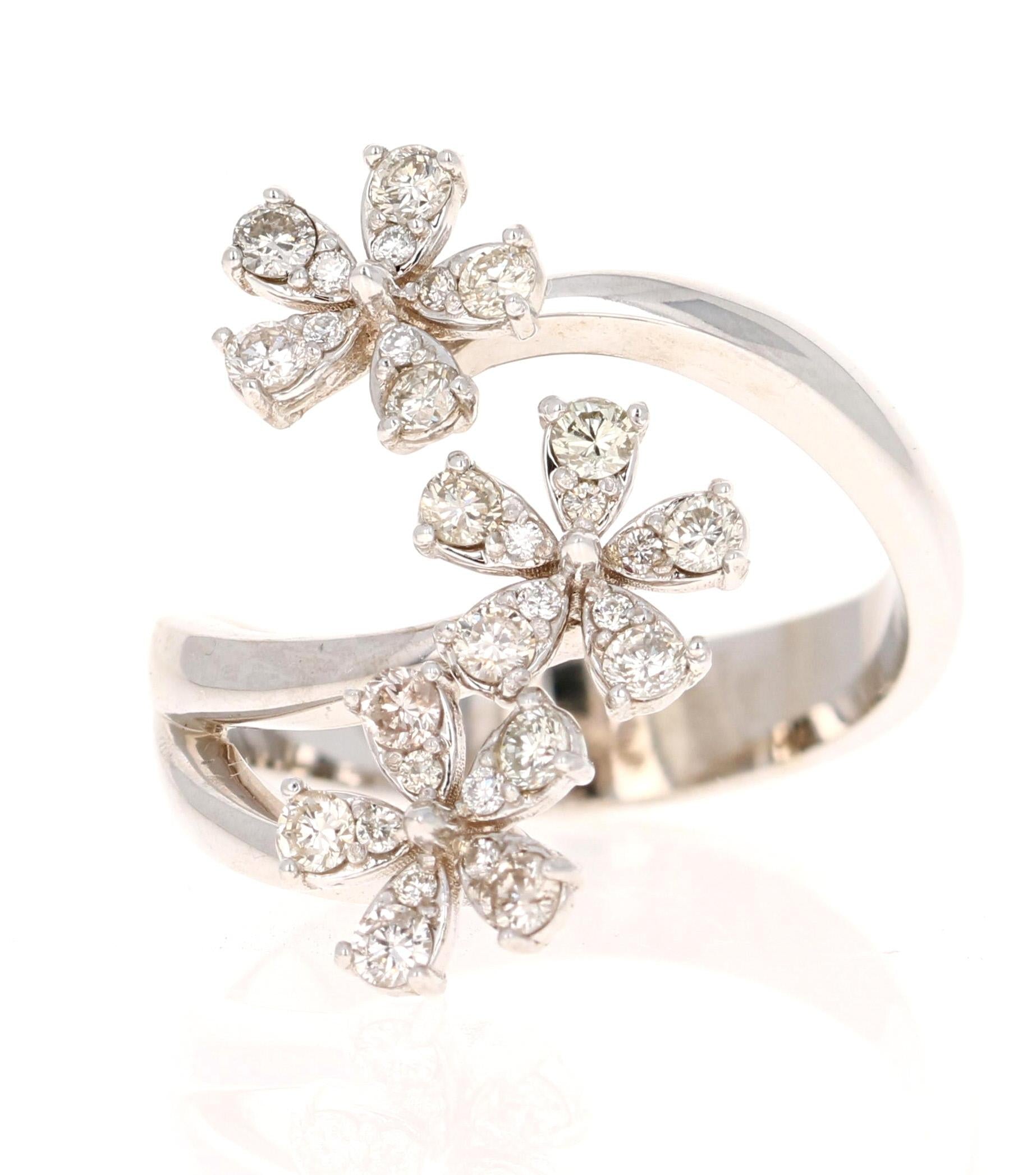 Modern Contemporary Natural Diamond Flower 0.63 Carat White Gold Statement Ring