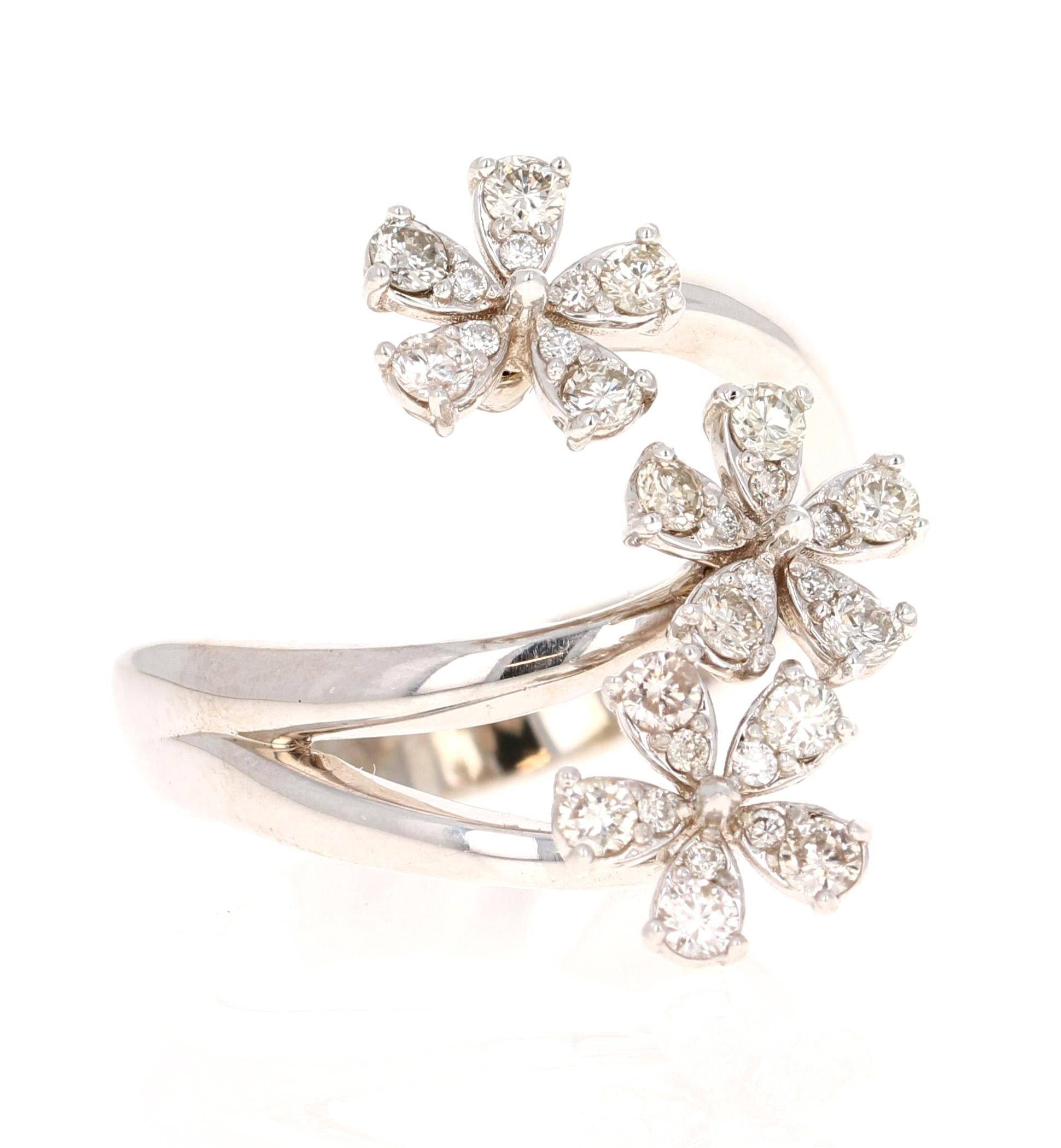 Modern Contemporary Natural Diamond Flower 0.63 Carat White Gold Statement Ring