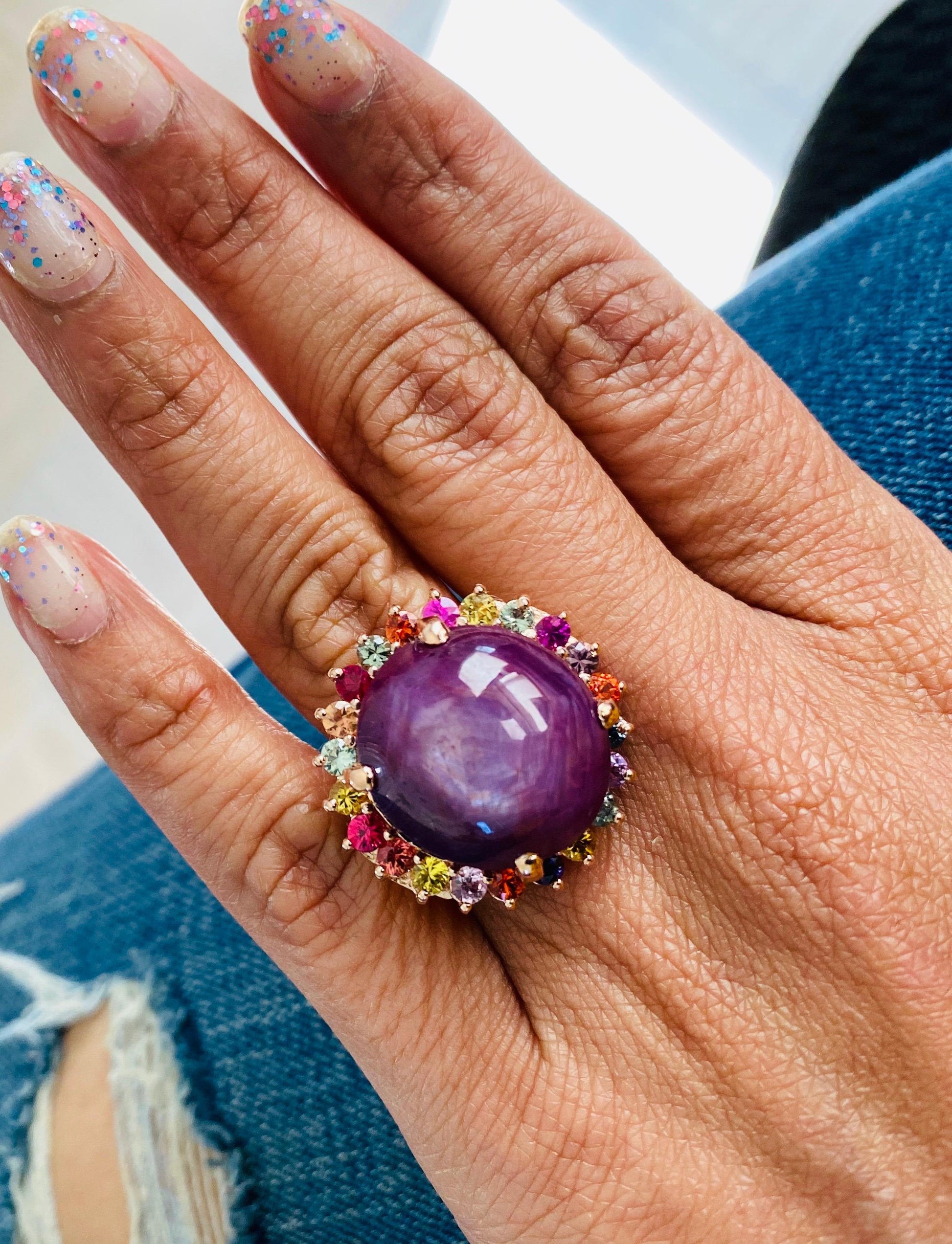 GIA Certified Star Ruby Sapphire Gold Cocktail Ring, Roshe Jewels, 37.55 carats