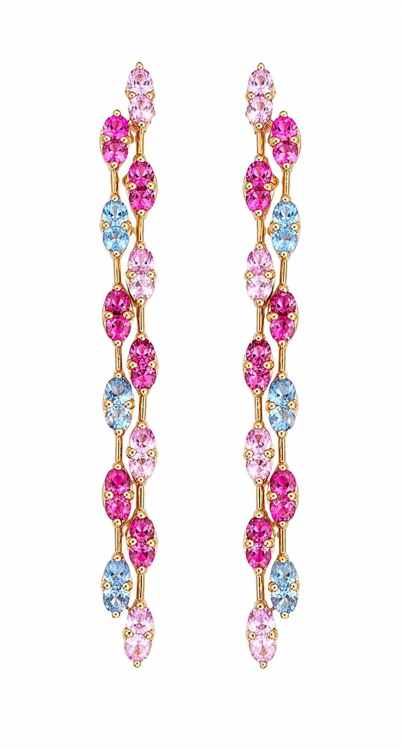 3.79 Carat Natural Pink Blue Sapphire 14 Karat Yellow Gold Drop Earrings