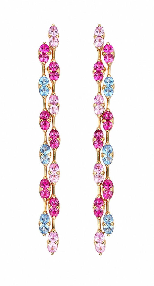 3.79 Carat Natural Pink Blue Sapphire 14 Karat Yellow Gold Drop Earrings