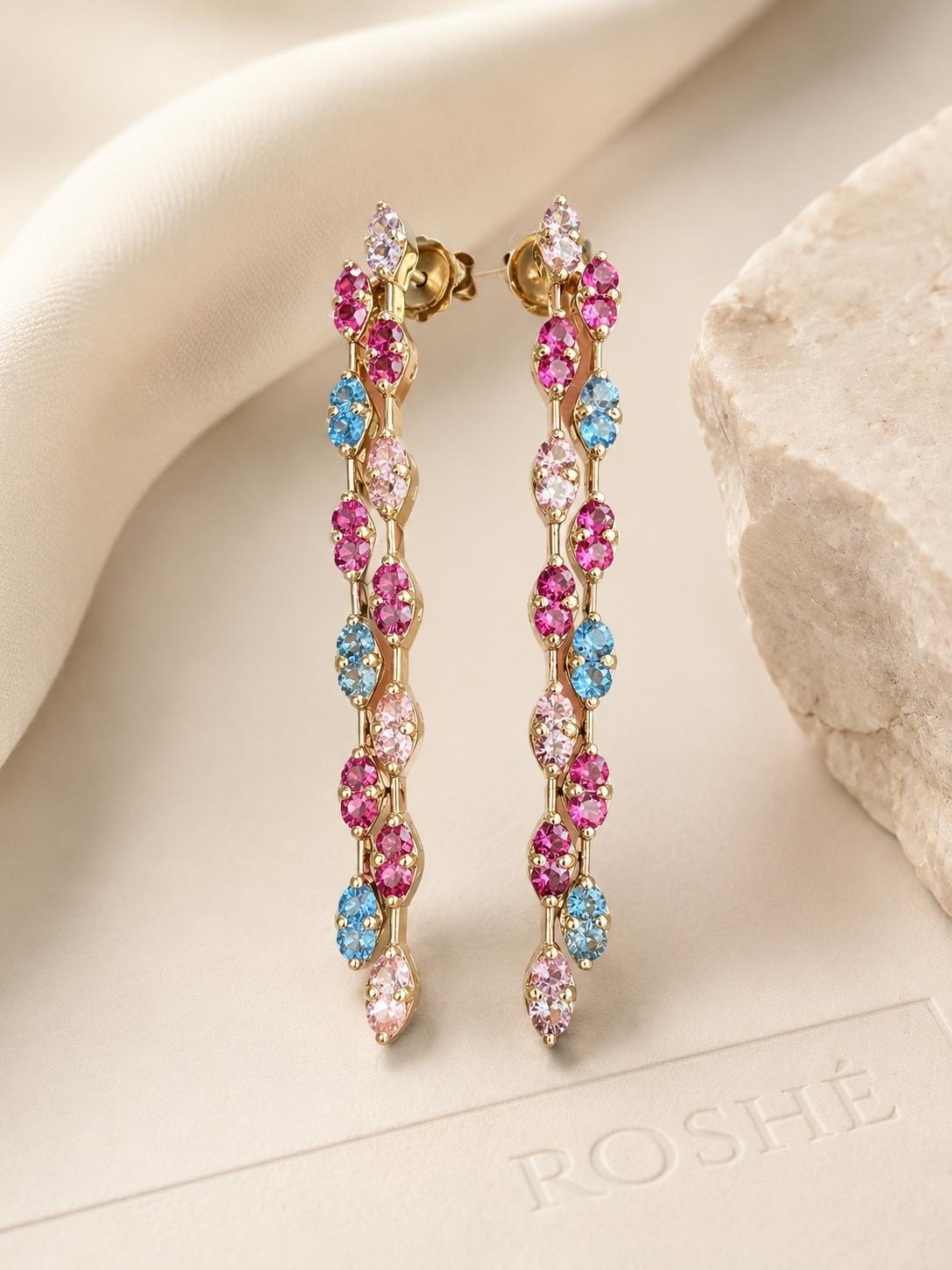 3.79 Carat Natural Pink Blue Sapphire 14 Karat Yellow Gold Drop Earrings