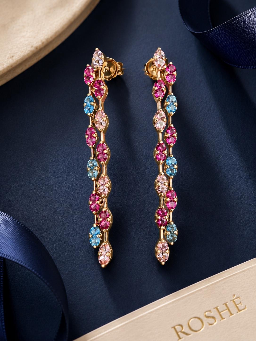 3.79 Carat Natural Pink Blue Sapphire 14 Karat Yellow Gold Drop Earrings