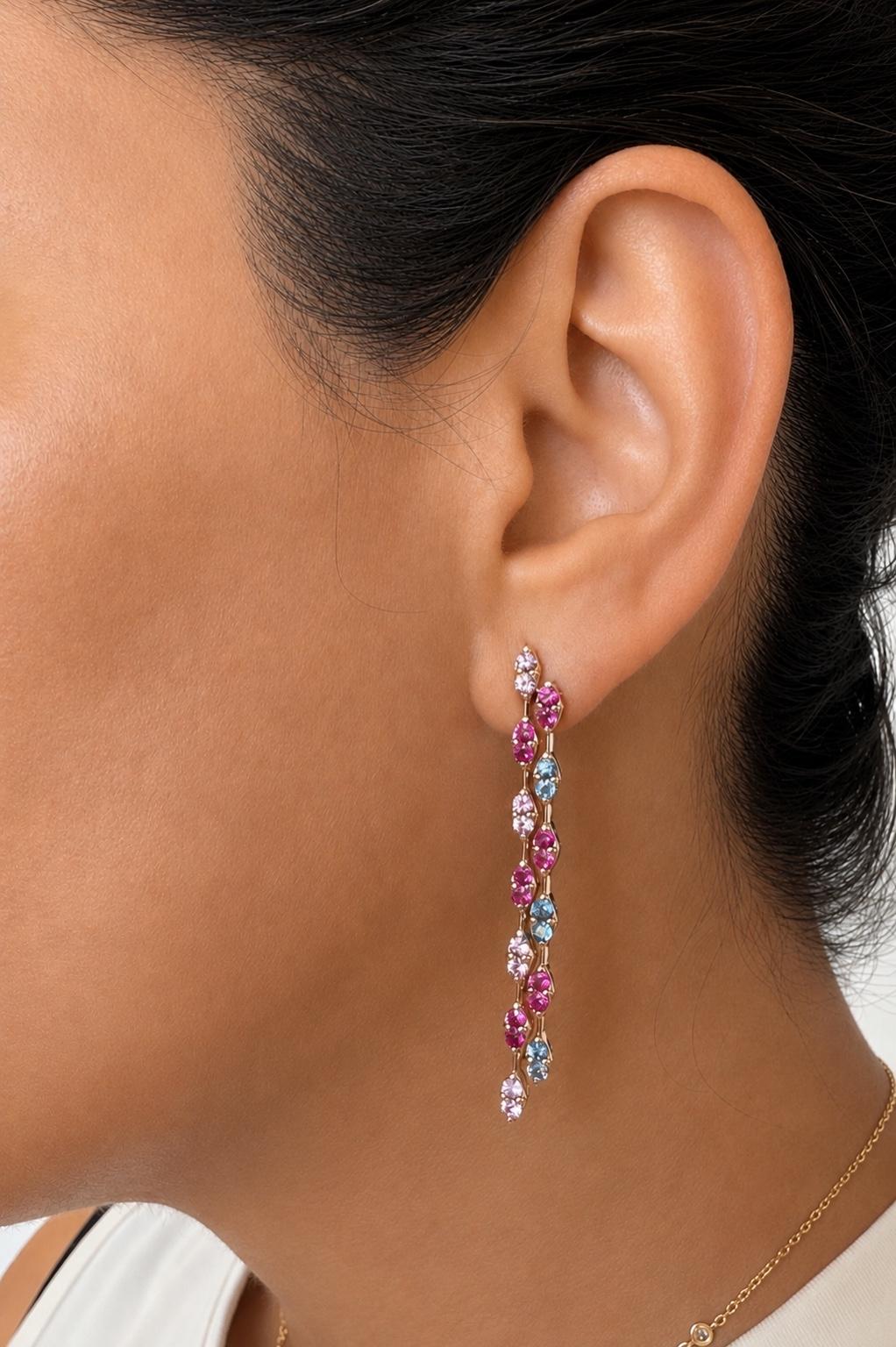 3.79 Carat Natural Pink Blue Sapphire 14 Karat Yellow Gold Drop Earrings