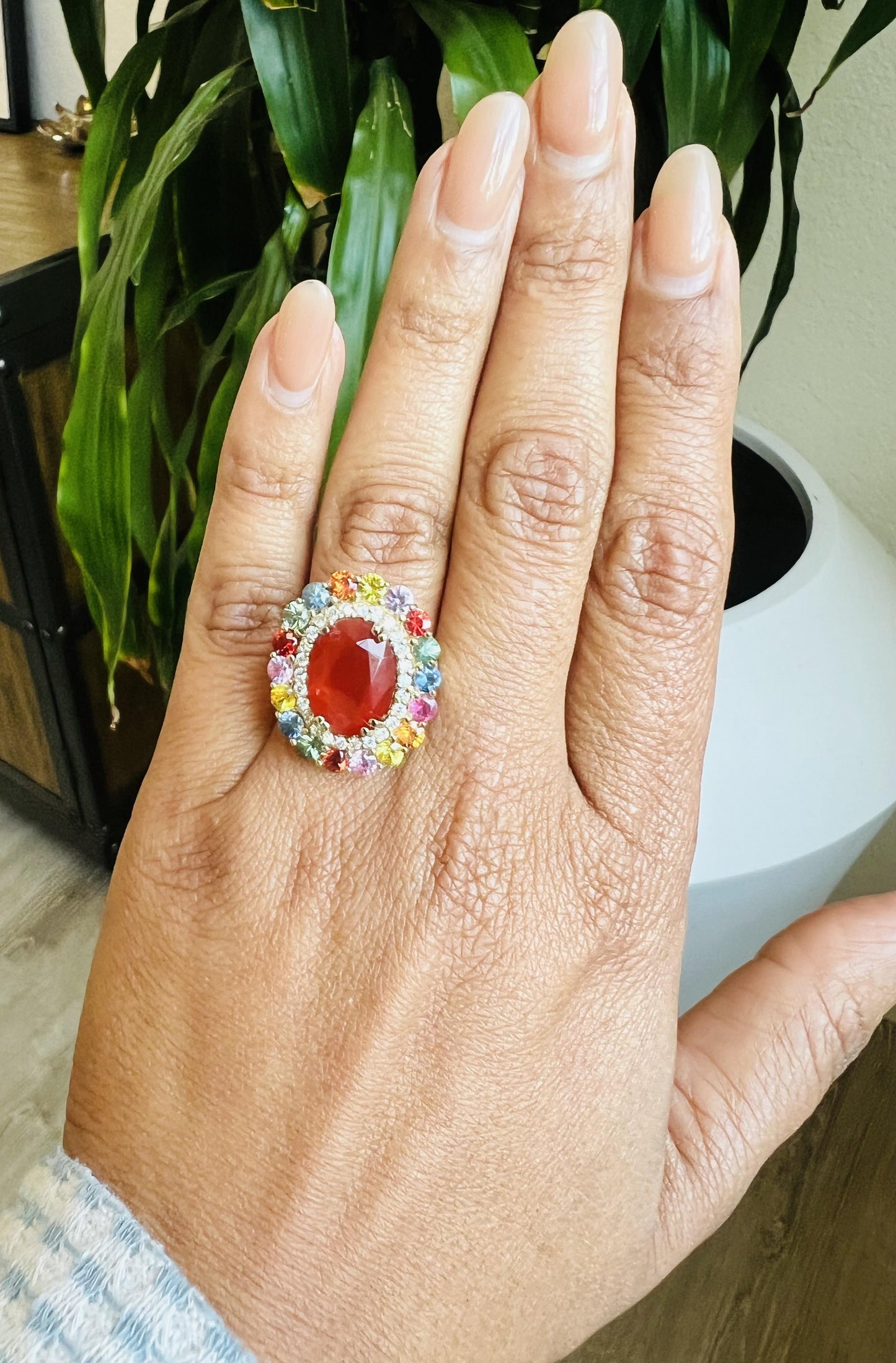 7.40 Carat Fire Opal Sapphire Diamond 14 Karat Yellow Gold Cocktail Ring