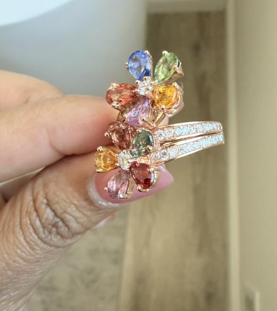 4.82 Carats Natural Sapphire Diamond Flower 14 Karat Rose Gold Cocktail Ring