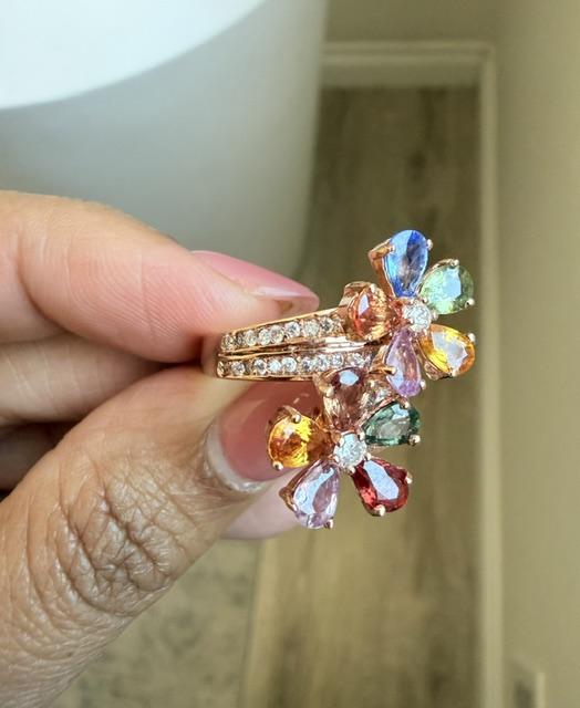 4.82 Carats Natural Sapphire Diamond Flower 14 Karat Rose Gold Cocktail Ring